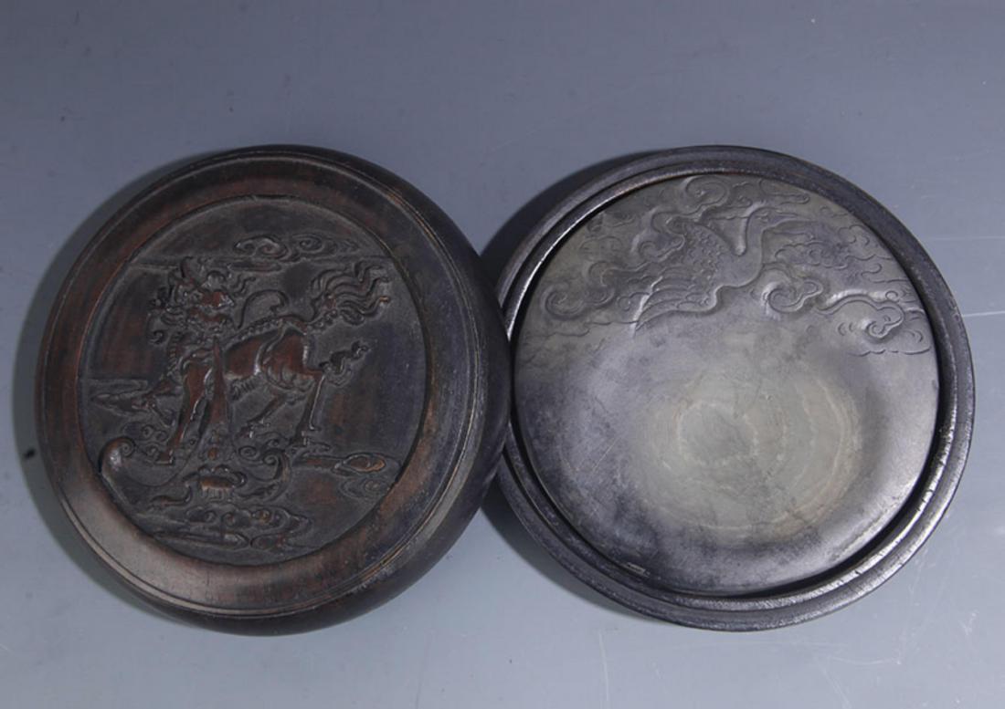 A FINE CRANE CARVING STONE INK WITH WOODEN BOX (1 of 5)