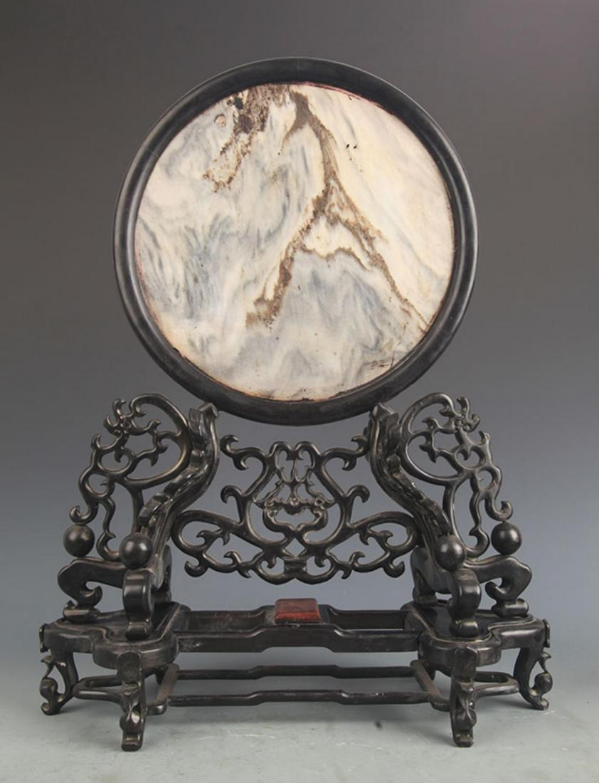 A FINE SANDALWOOD INLAY STONE TABLE SCREEN (1 of 7)