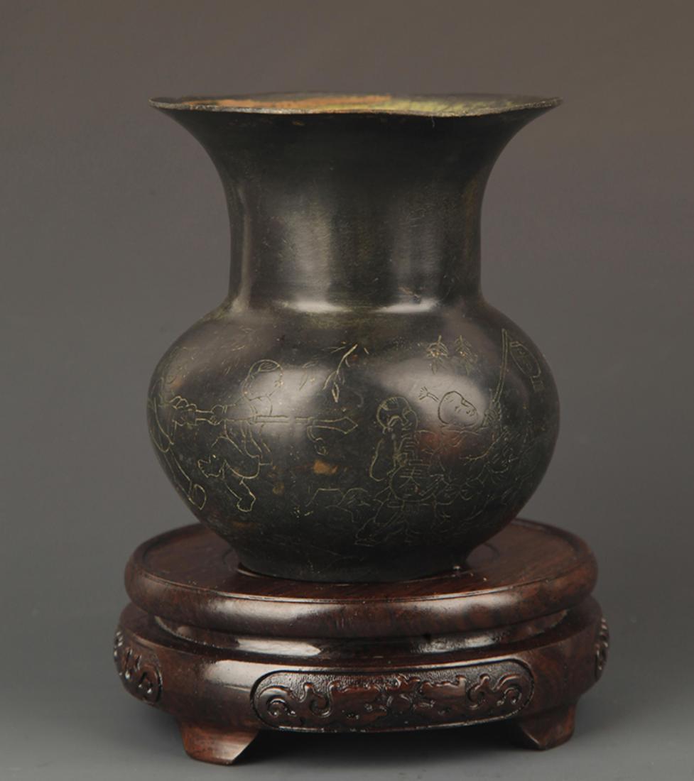 A FINE BOY CARVING BRONZE SPITTOON: Possible Qing Dynasty, High: 4.25 inch; Diameter: 4.0 inch