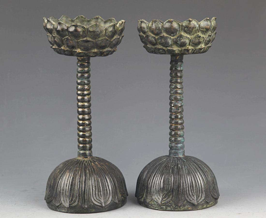 A PAIR OF LOTUS SHAPED TALL CANDLESTICKS (1 of 6)