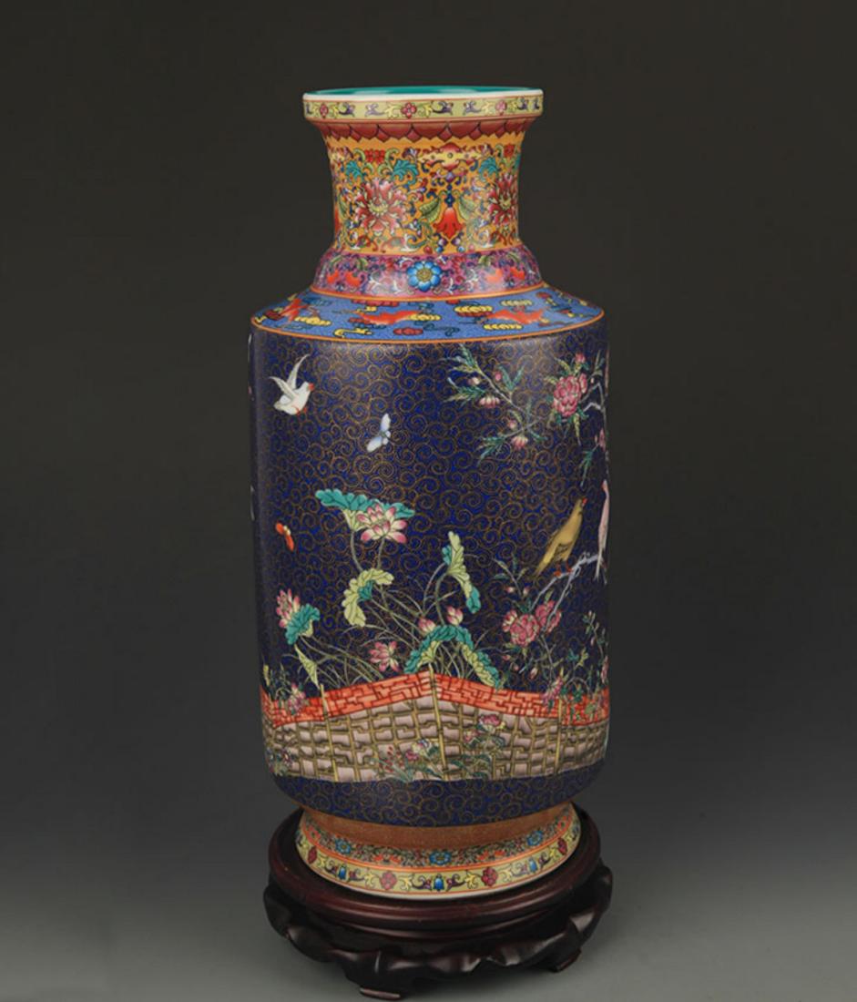 BLUE GLAZED FAMILLE ROSE FLOWER AND BIRD PATTERN VASE (1 of 5)