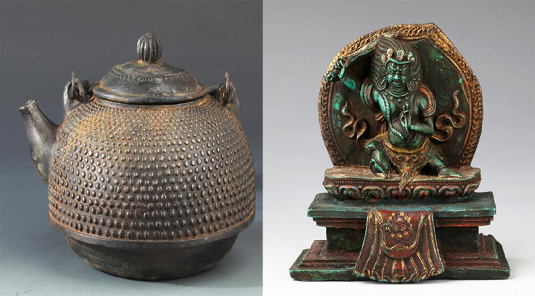 FINE CAST IRON TEAPOT AND TIBETAN BUDDHA FIGURE: Republic Period, Width: 6.2 inch High: 4.3 inch; High: 4.00 inch; Width: 3.8 inch