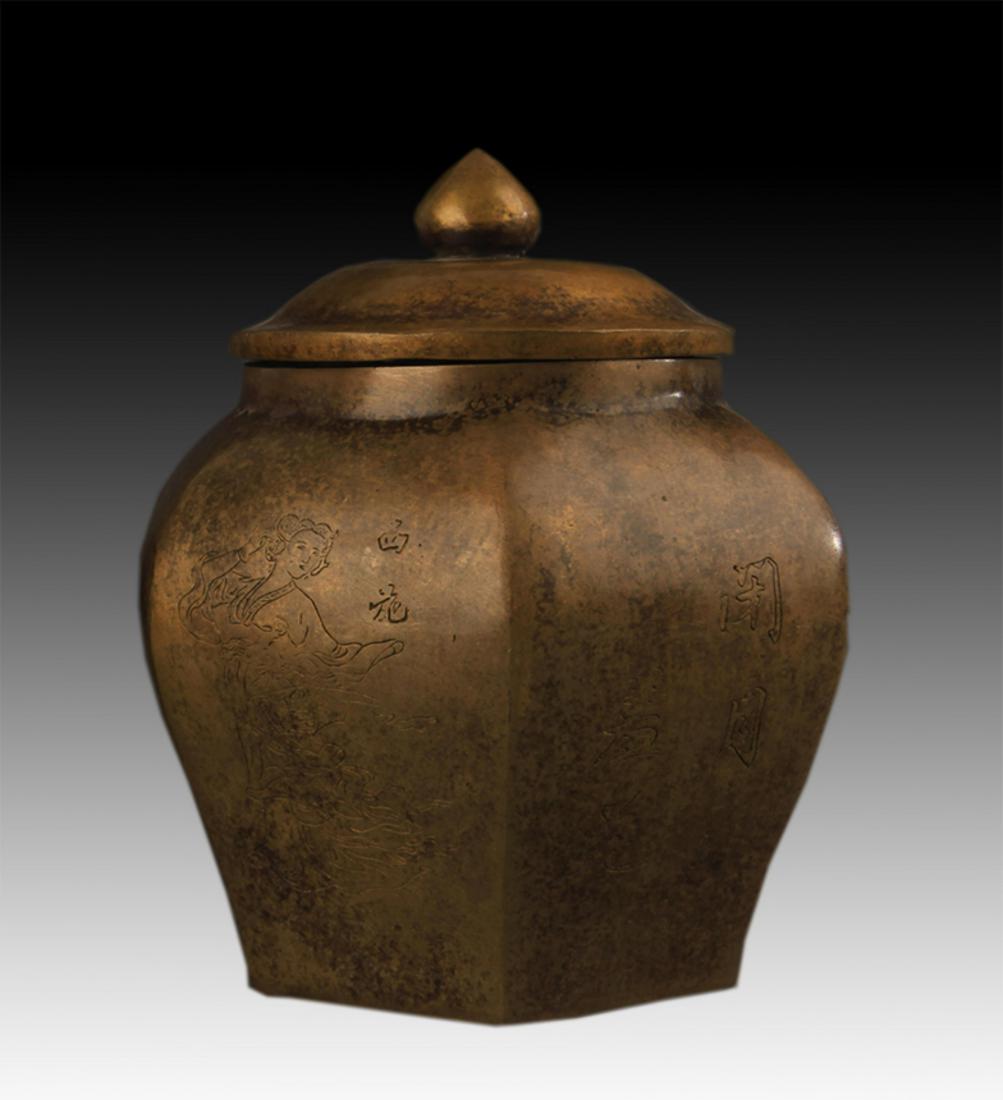 A FINE BRONZE FEMALE CARVING TEA JAR (1 of 5)