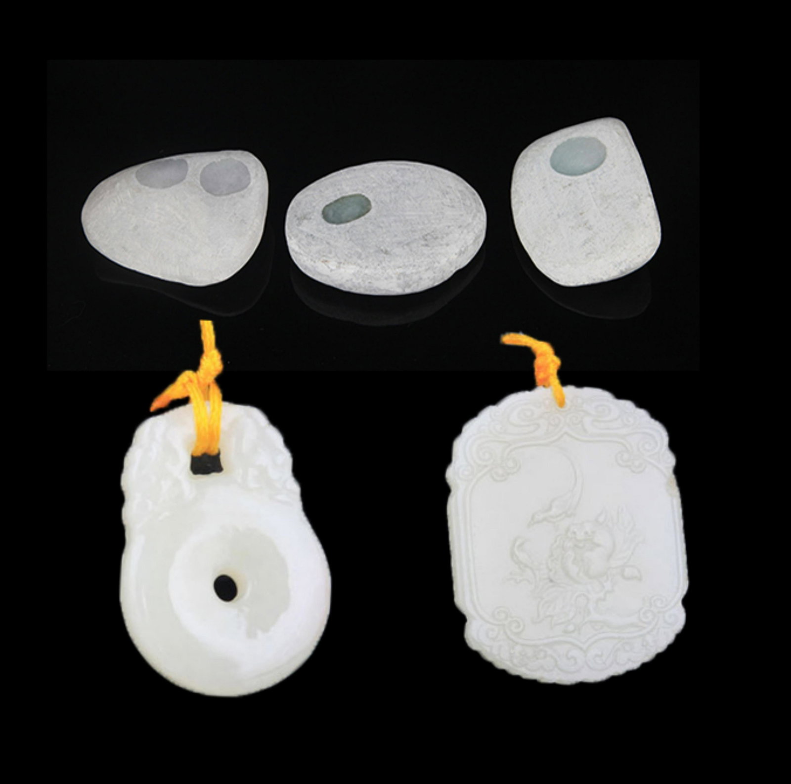 GROUP OF JADE PENDANT AND RAW JADEITE: Contemporary, High: 3.1; Width: 2.0 inch; Width: 1.5 inch; High: 2.0 inch; Width: 1.0 inch