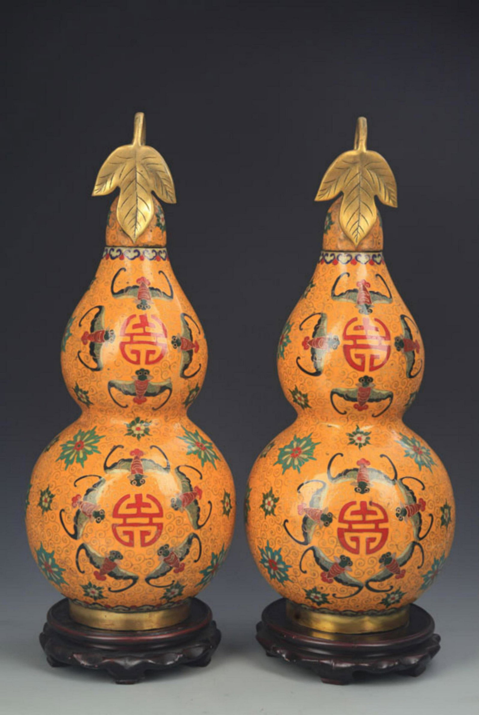 PAIR OF CLOISONNE ENAMEL CUCURBIT SHAPE DECORATION: Possibly Ming Dynasty, High: 19.5 inch; Diameter: 2.25 inch