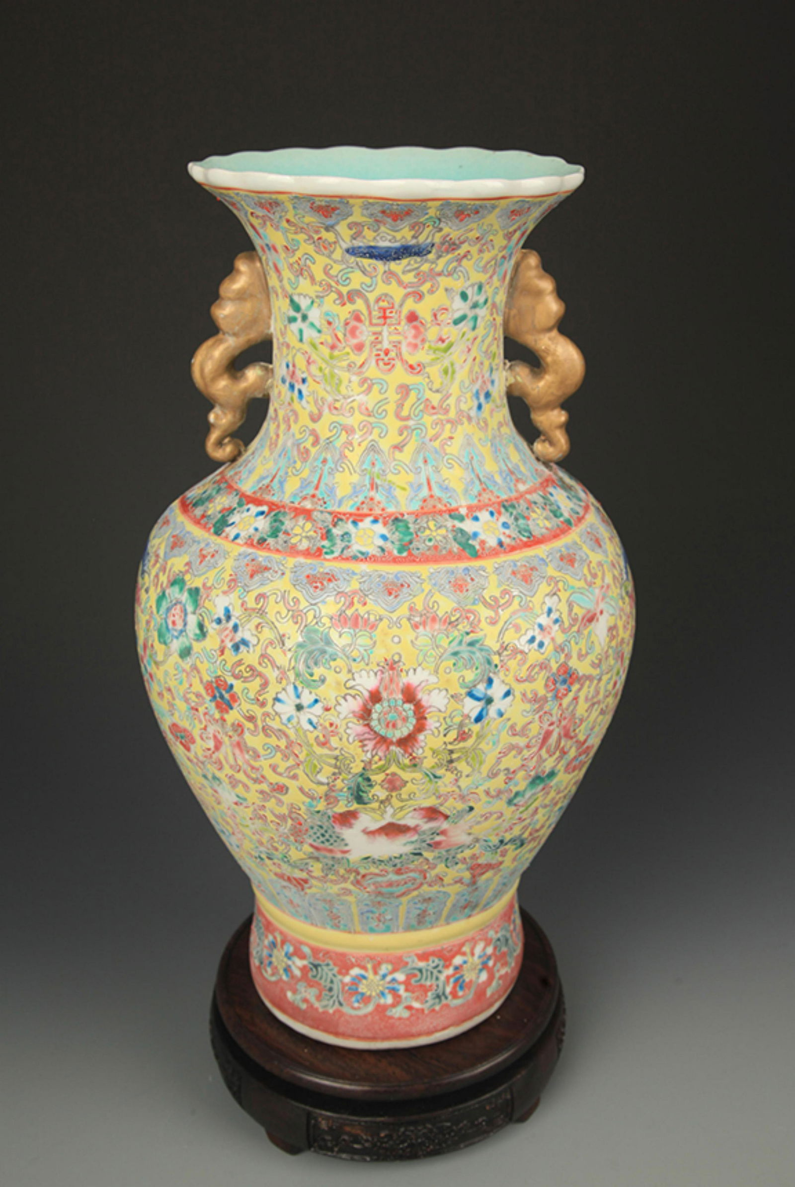 YELLOW GROUND ENAMEL COLOR LONGEVITY PATTERN VASE (1 of 5)