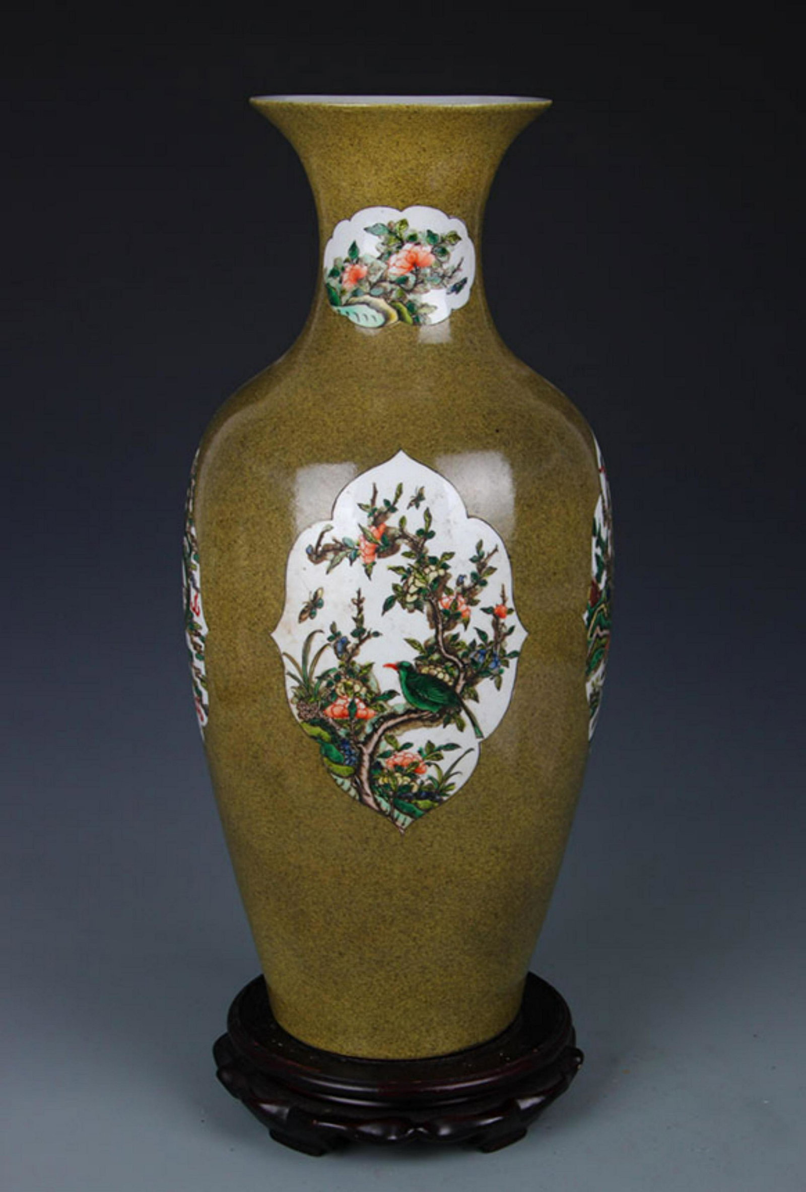 A TEA COLOR GLAZED FAMILLE ROSE PORCELAIN VASE (1 of 5)