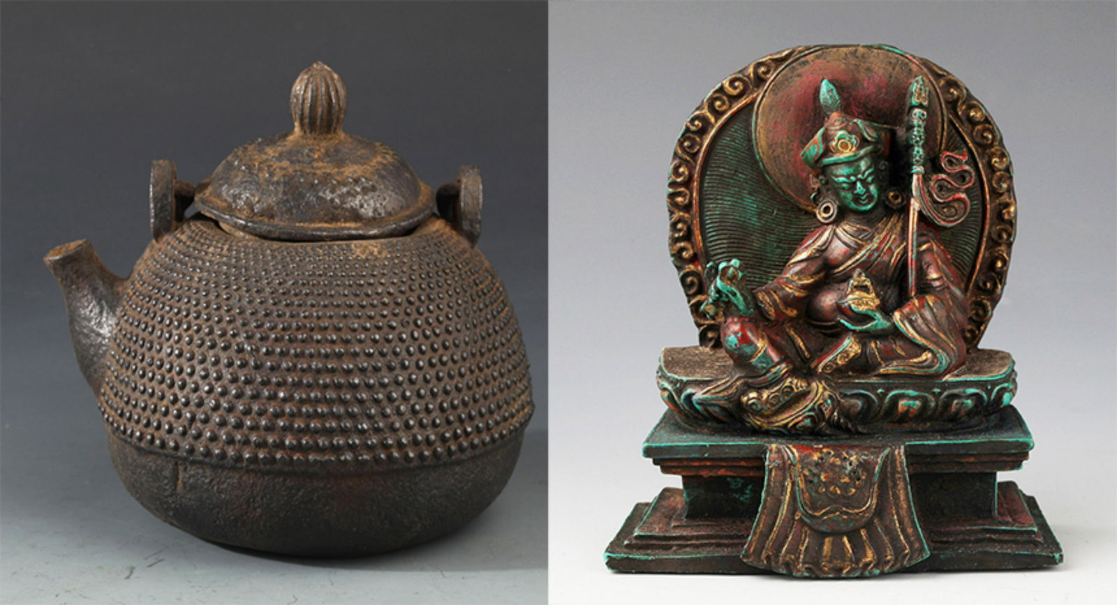 A TIBETAN BUDDHISM FIGURE AND CAST IRON TEA POT (1 of 7)
