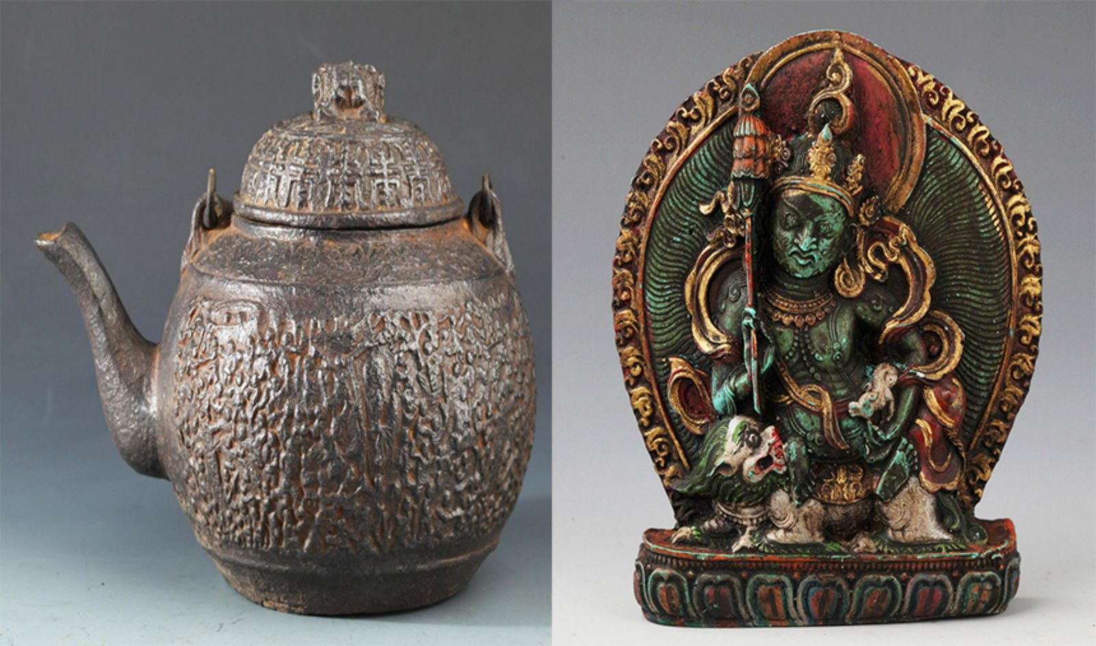 A TIBETAN BUDDHISM FIGURE AND CAST IRON TEA POT (1 of 9)