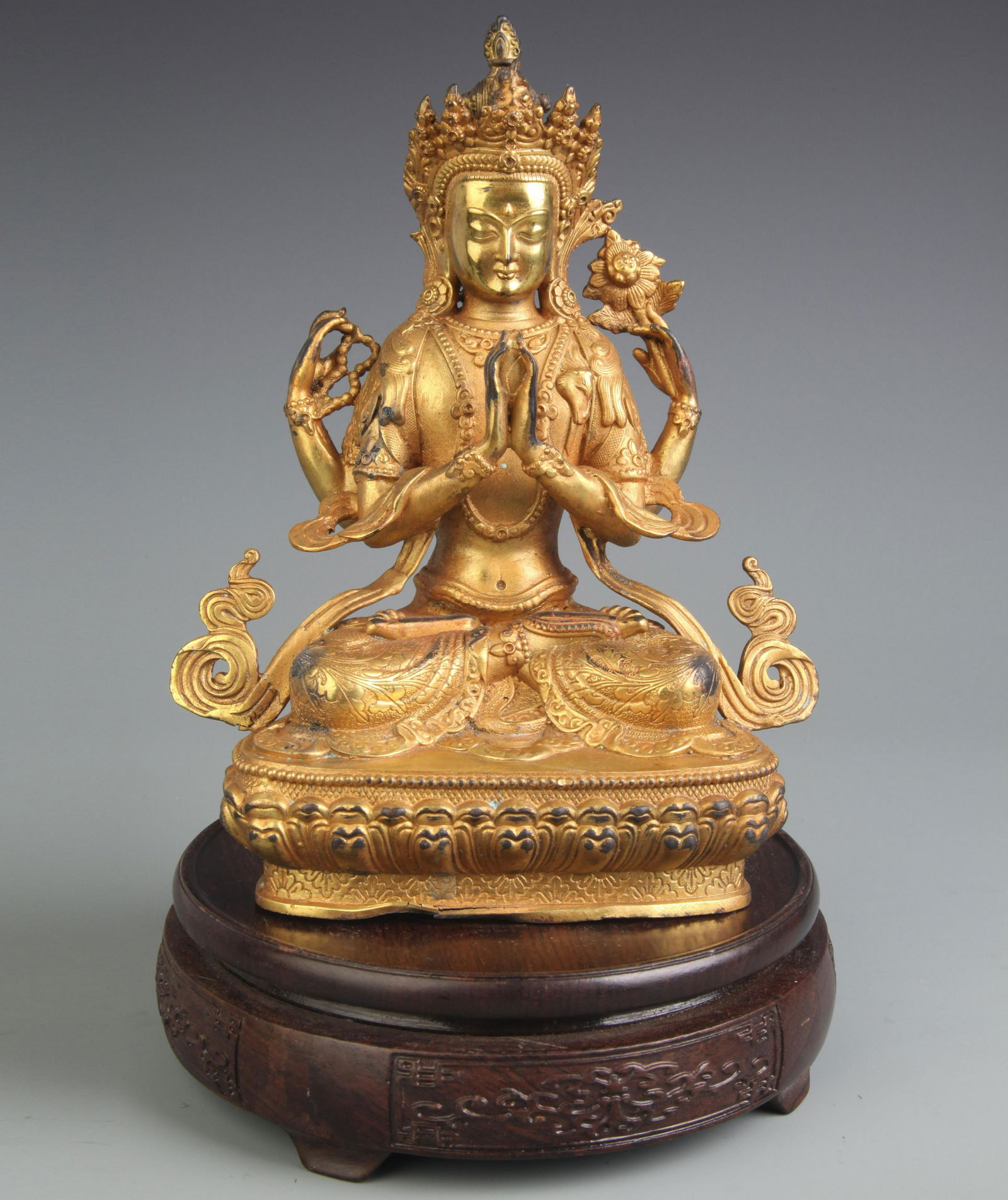 RARE TIBETAN BUDDHISM GILT BRONZE FOUR ARM GUAN YIN (1 of 5)