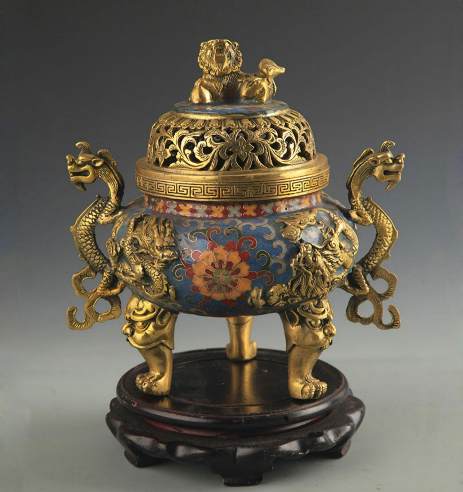 BRONZE CLOISONNE ENAMEL FLOWER AND DRAGON PATTERN (1 of 7)
