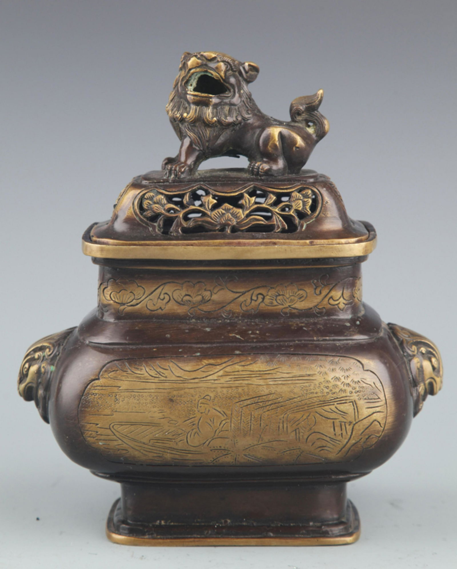 A DOUBLE LION EAR SPRINKLE GOLD BRONZE CENSER (1 of 9)