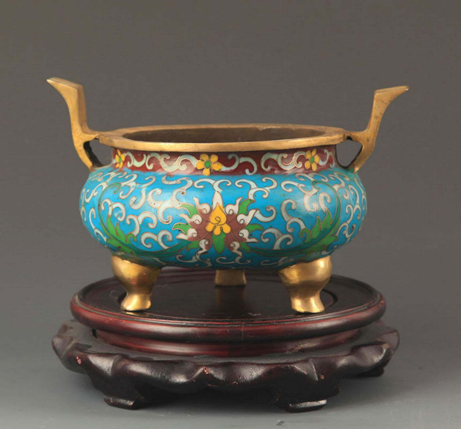 A FINE BRONZE FAIENCE COLOR DOUBLE EAR CENSER (1 of 5)