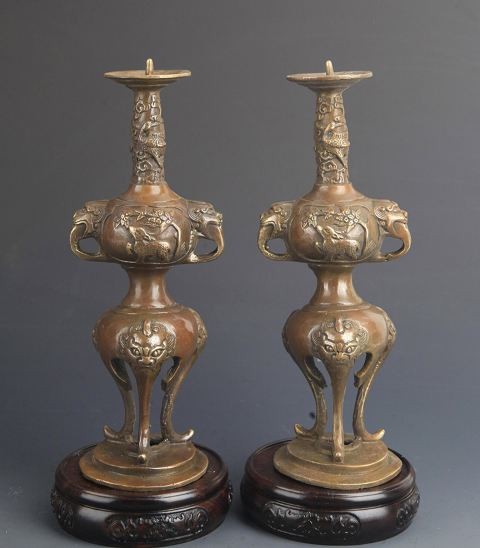 PAIR OF BRONZE CRANES FOOT CANDLE STICK (1 of 11)