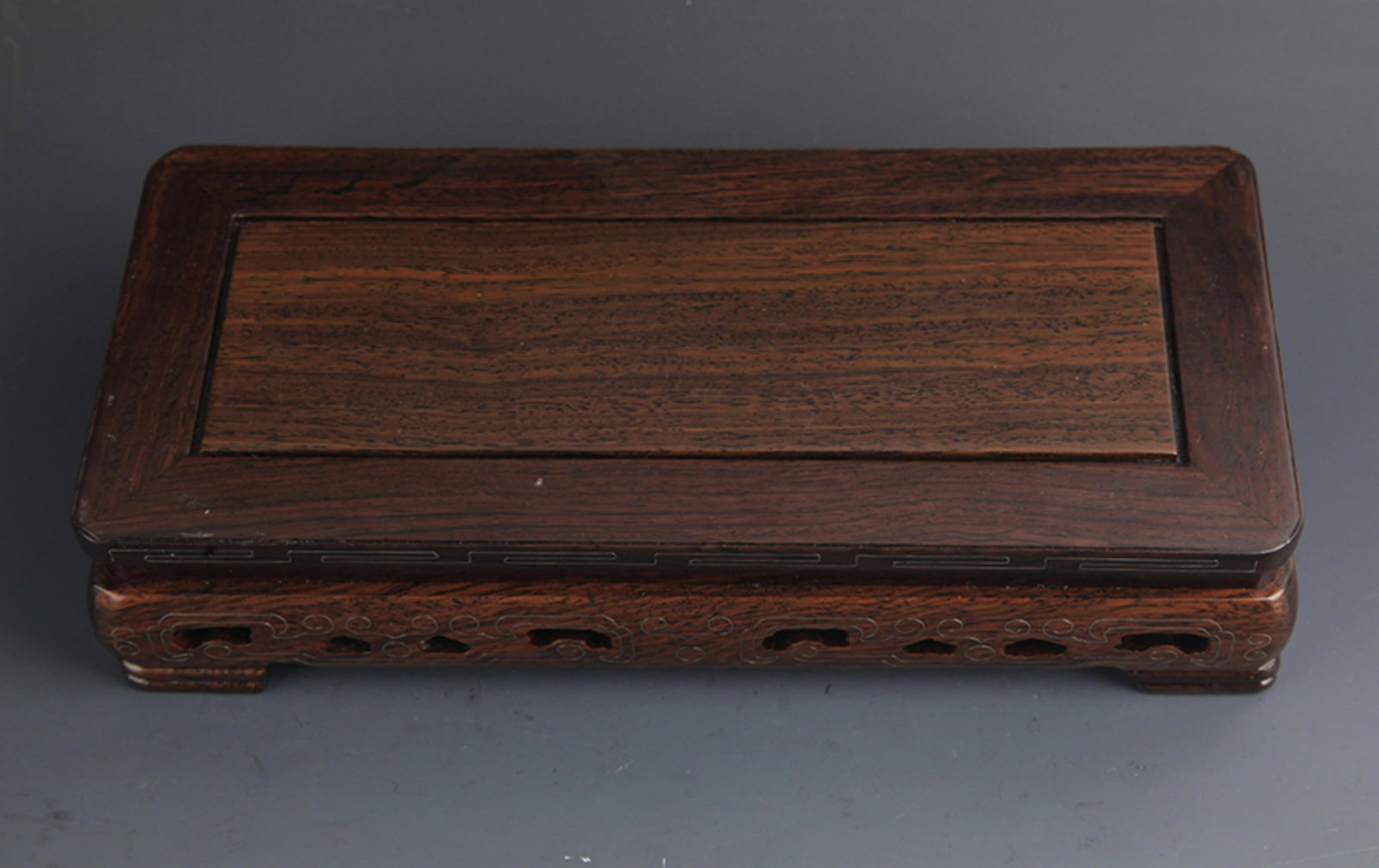 A FINE HUA LI MU WOOD BASE INLAY WITH SILVER: 20th Century, Long: 11.75 inch; Width: 6.0 inch; High: 2.25 inch