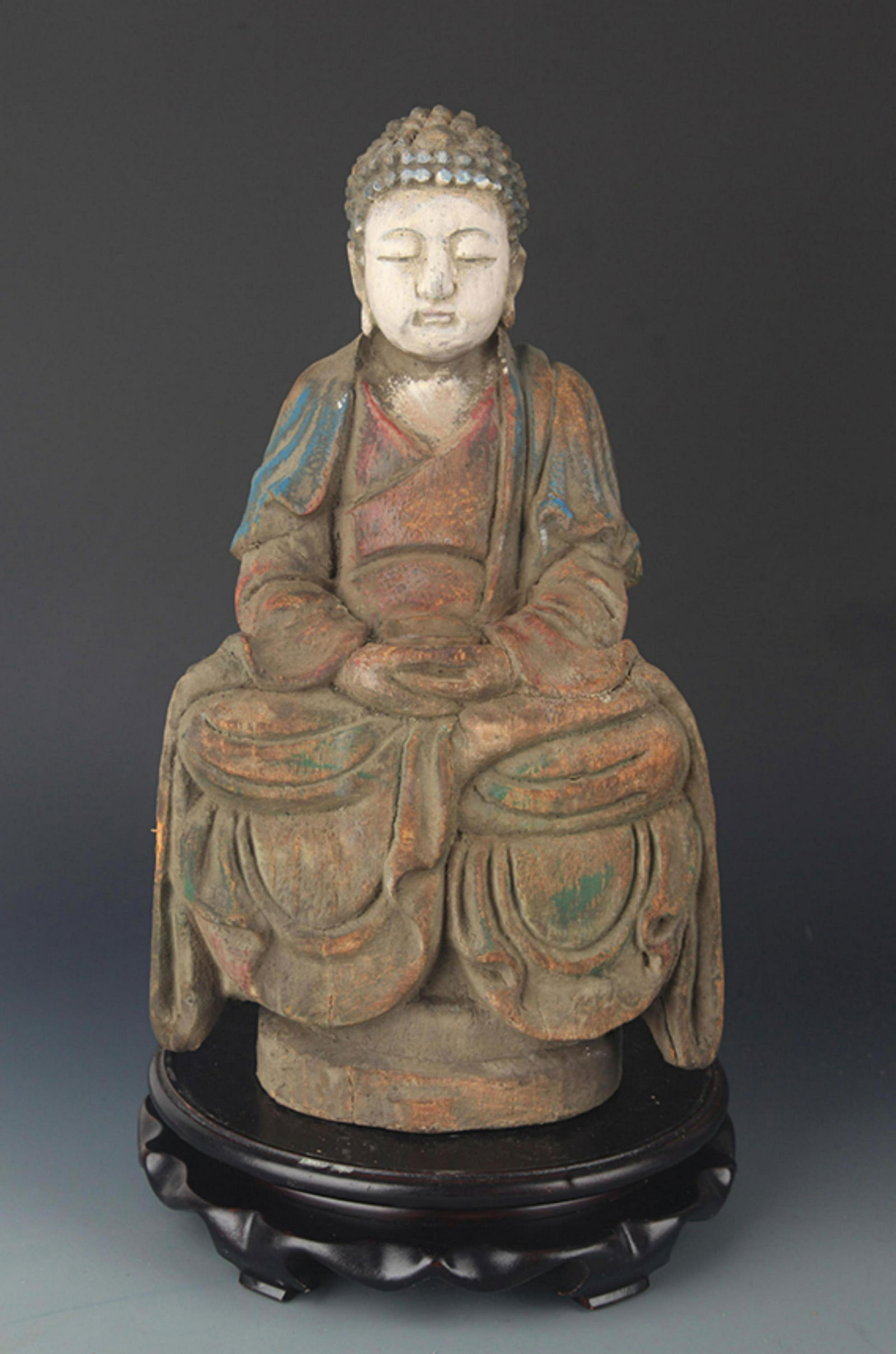 COLORED PAINTED WOODEN PHARMACIST BUDDHA STATUE FIGURE (1 of 5)