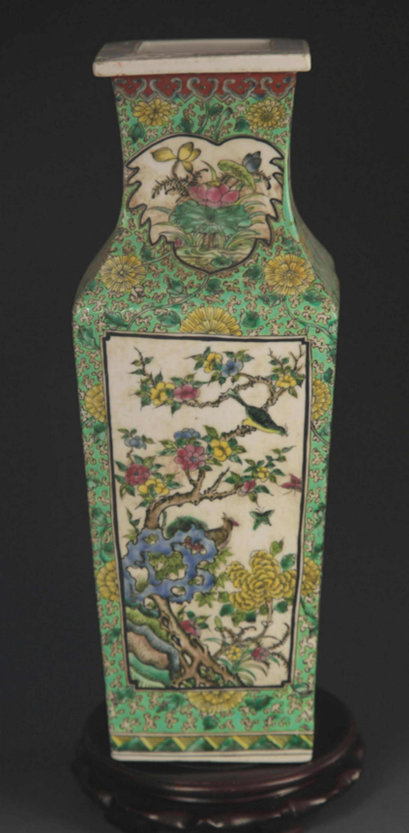FAMILLE ROSE GREEN GROUND FLOWER AND BIRD SQUARE VASE: Qing Dynasty Kangxi Period, High: 16.25 inch; Width: 5.75 inch