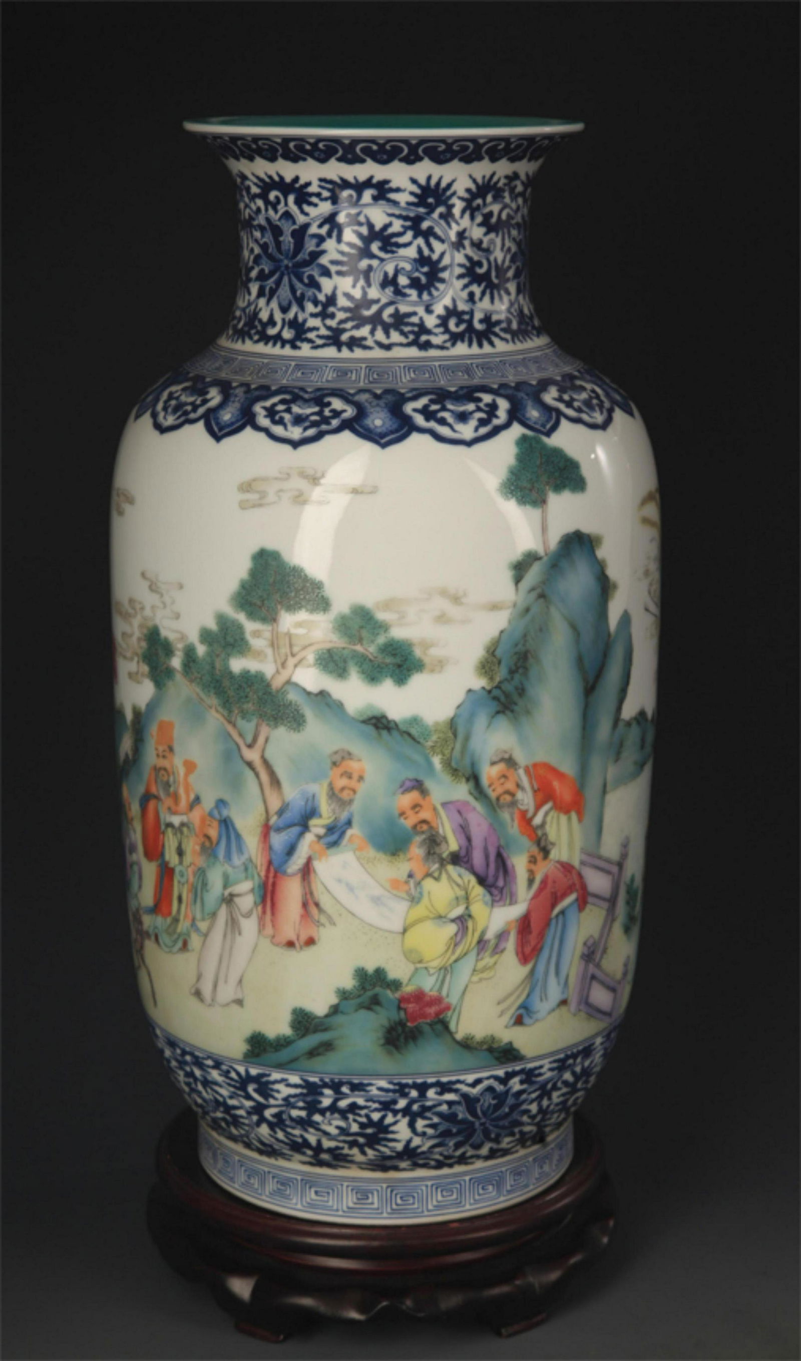 BLUE AND WHITE STORY PAINTED LANTERN STYLE VASE (1 of 7)