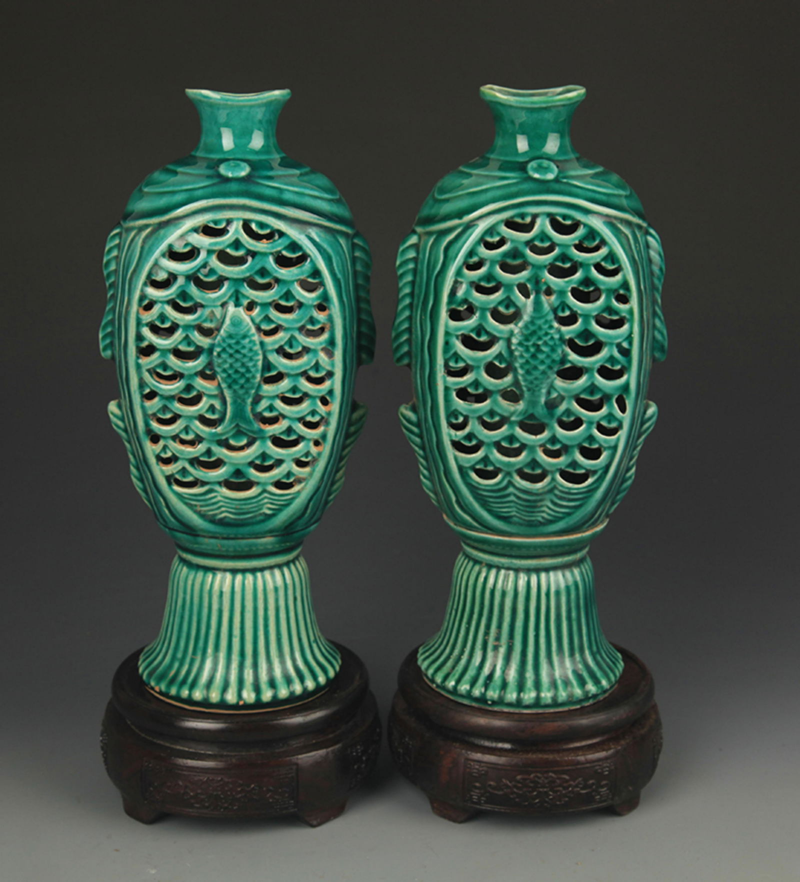 PAIR OF CELADON GLAZE HALLOW MADE FISH STYLE VASE (1 of 5)