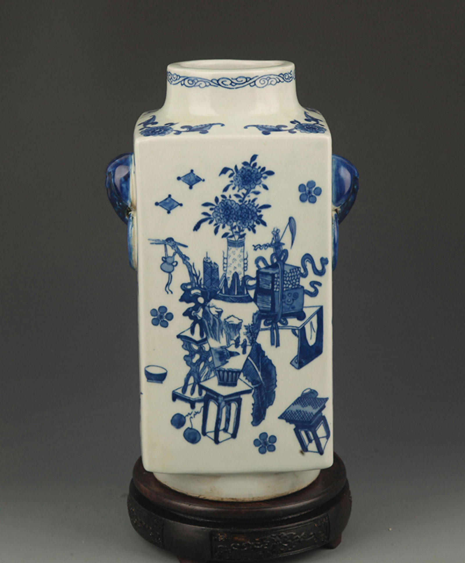 RARE BLUE AND WHITE CHARACTER PATTERN DOUBLE EAR VASE (1 of 4)