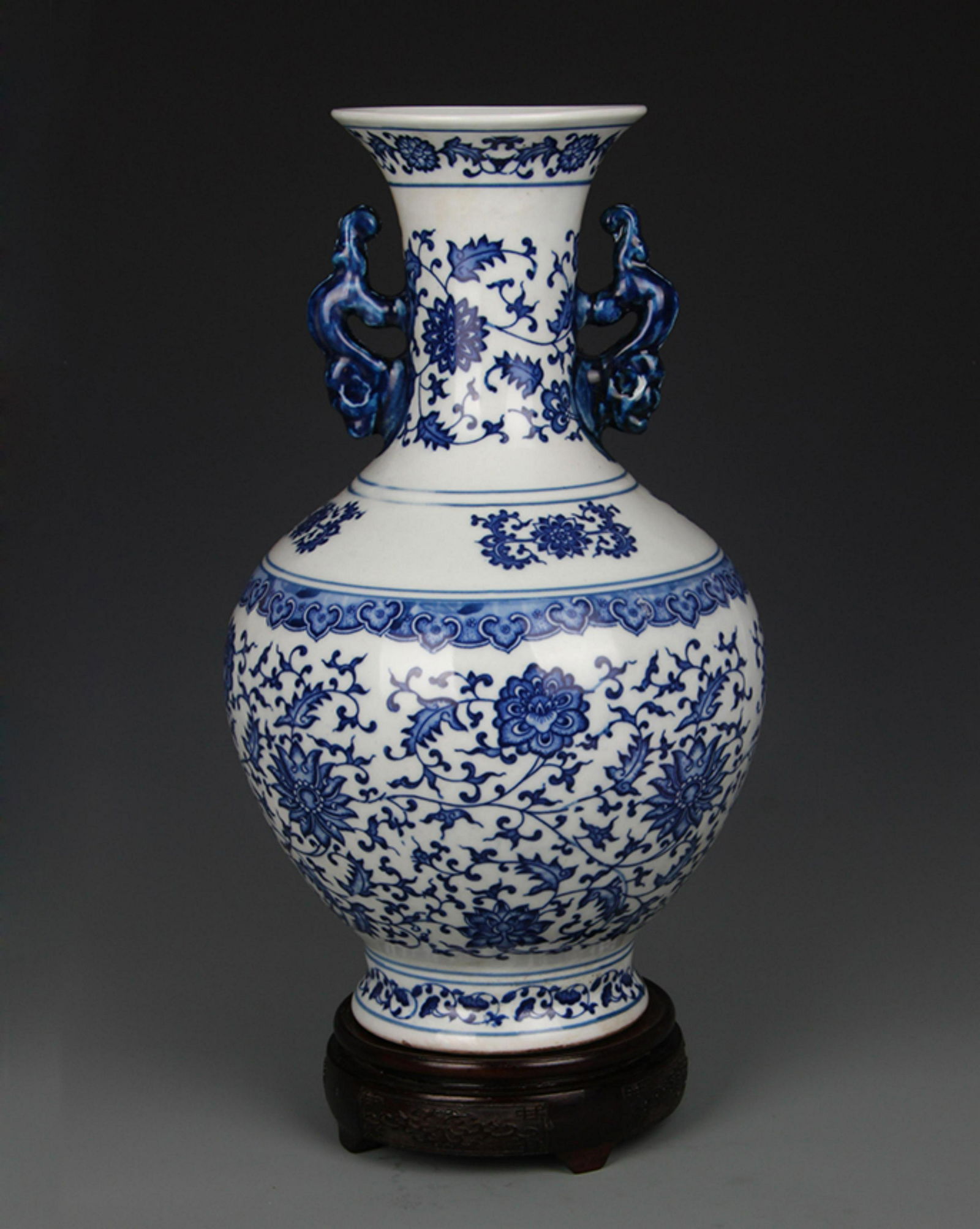 BLUE AND WHITE LOTUS FLOWER DOUBLE EAR PORCELAIN VASE (1 of 5)