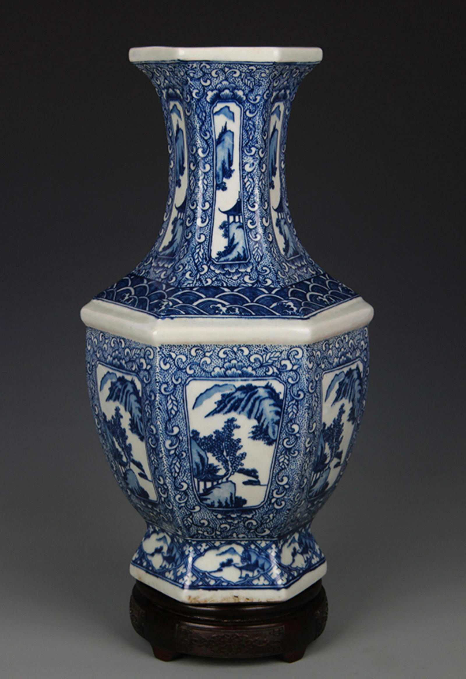 BLUE AND WHITE LANDSCAPE SIX SIDE VASE (1 of 5)