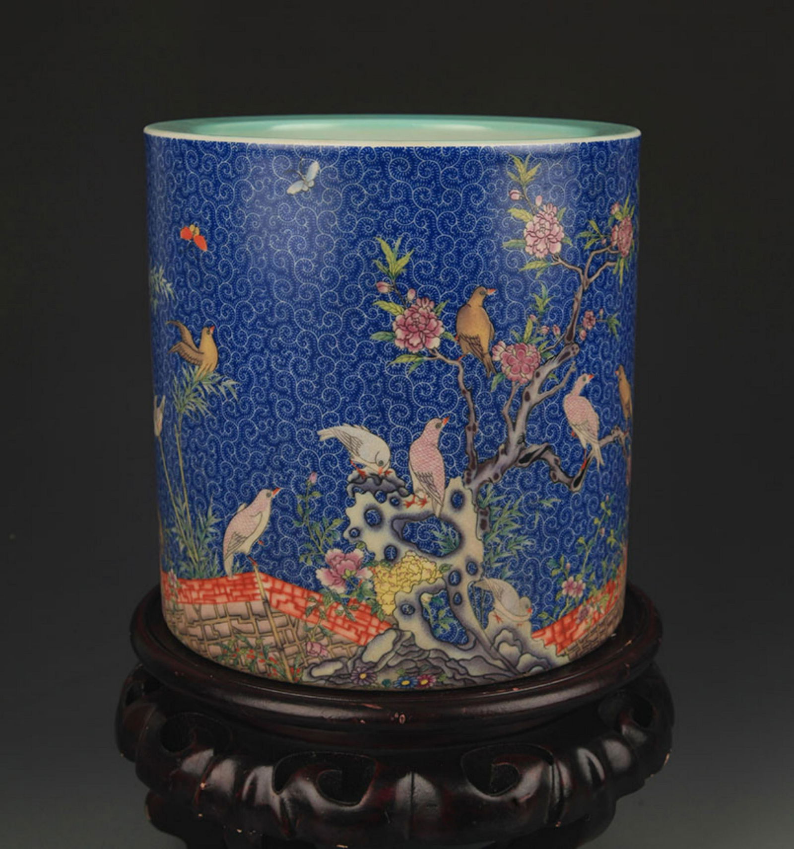 DARK BLUE FAMILLE ROSE FLOWER AND BIRD PATTERN BRUSH (1 of 5)
