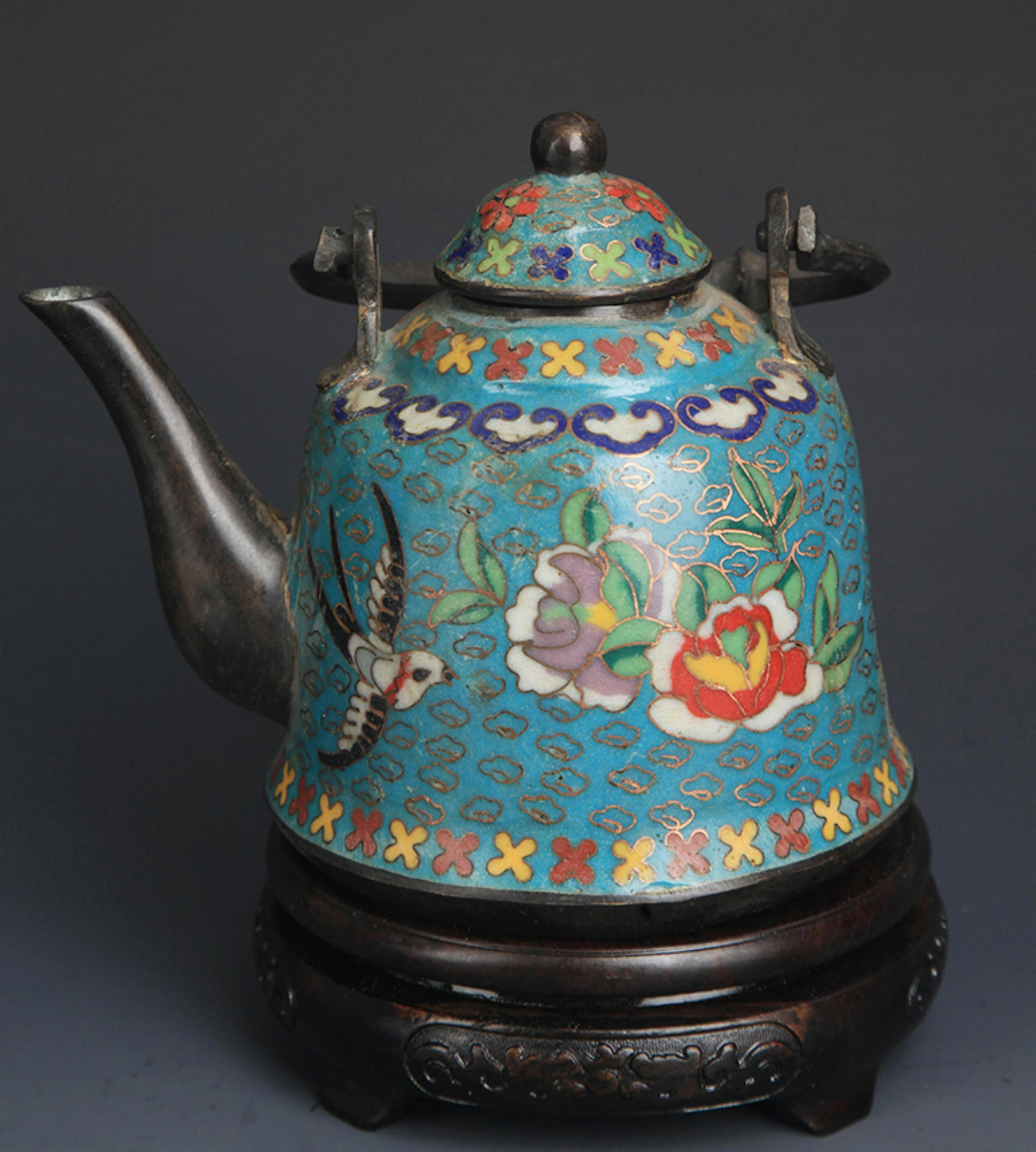 CLOISONNE ENAMEL FLOWER AND BIRD PAINTED WATER POT (1 of 5)