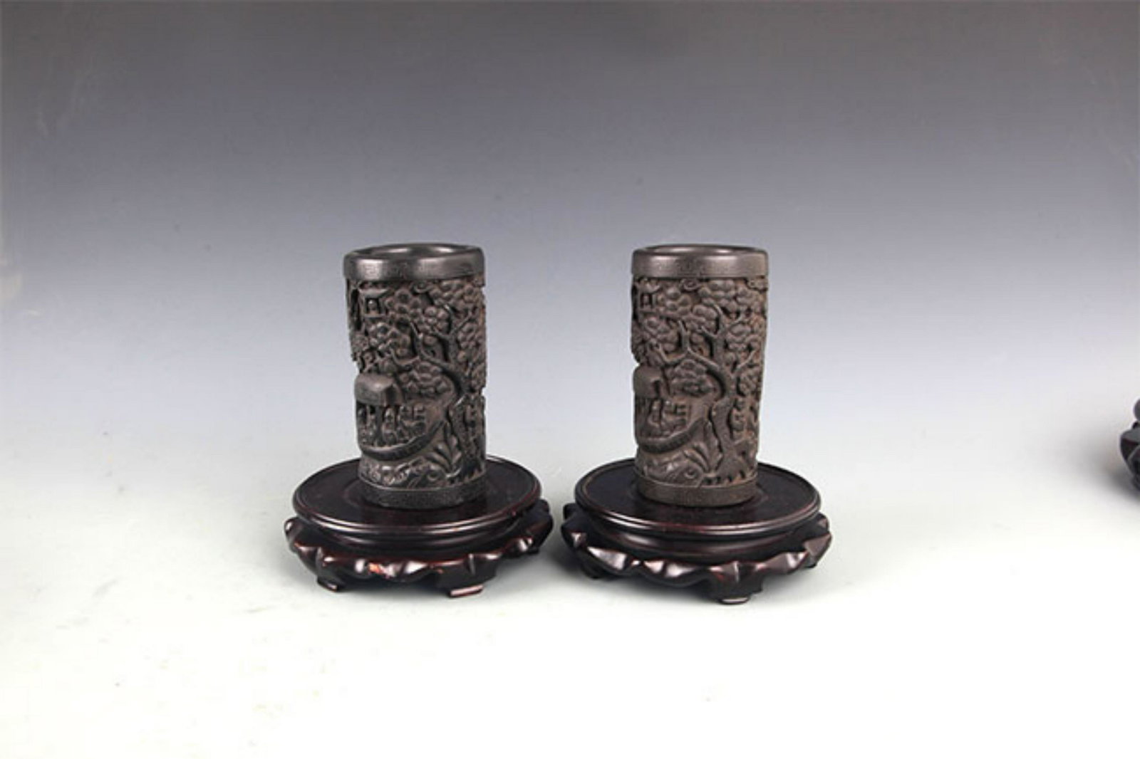 PAIR OF FINELY CARVED SMALL PEN HOLDER: 20th Century, High: 5.0 inch; Diameter: 2.6 inch