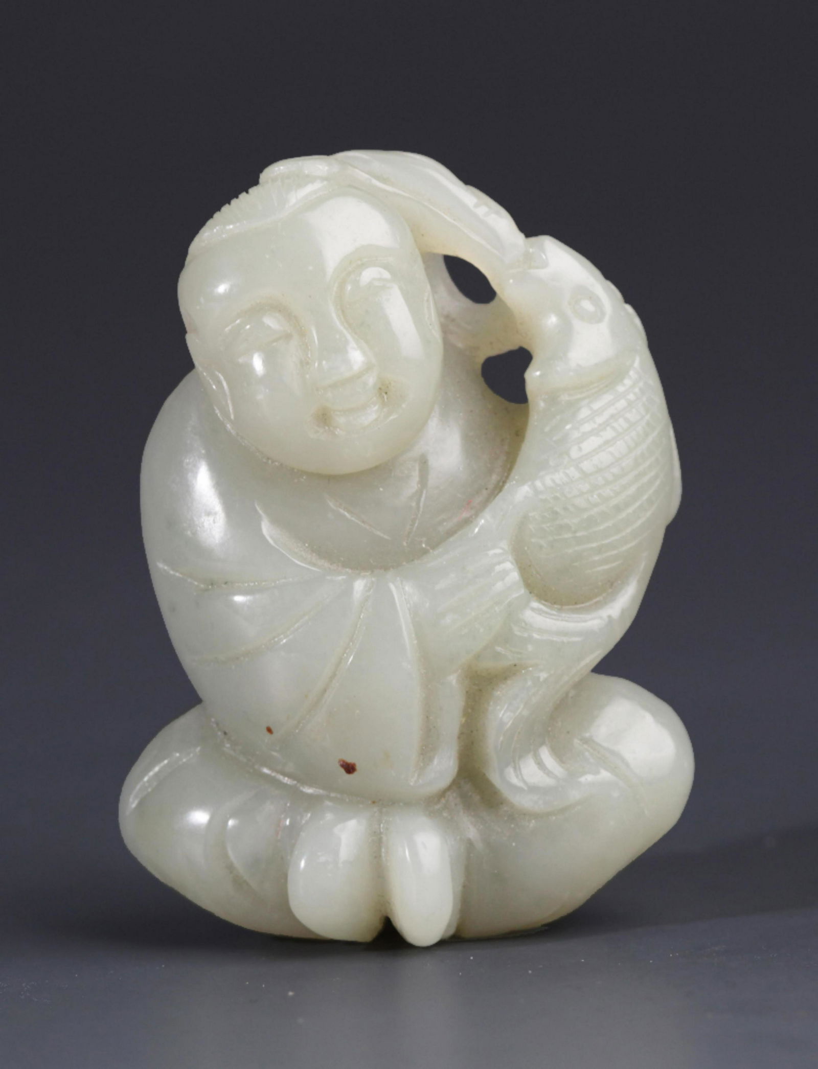 A FINELY BOY WITH LOTUS CARVING GREENISH WHITE JADE (1 of 5)