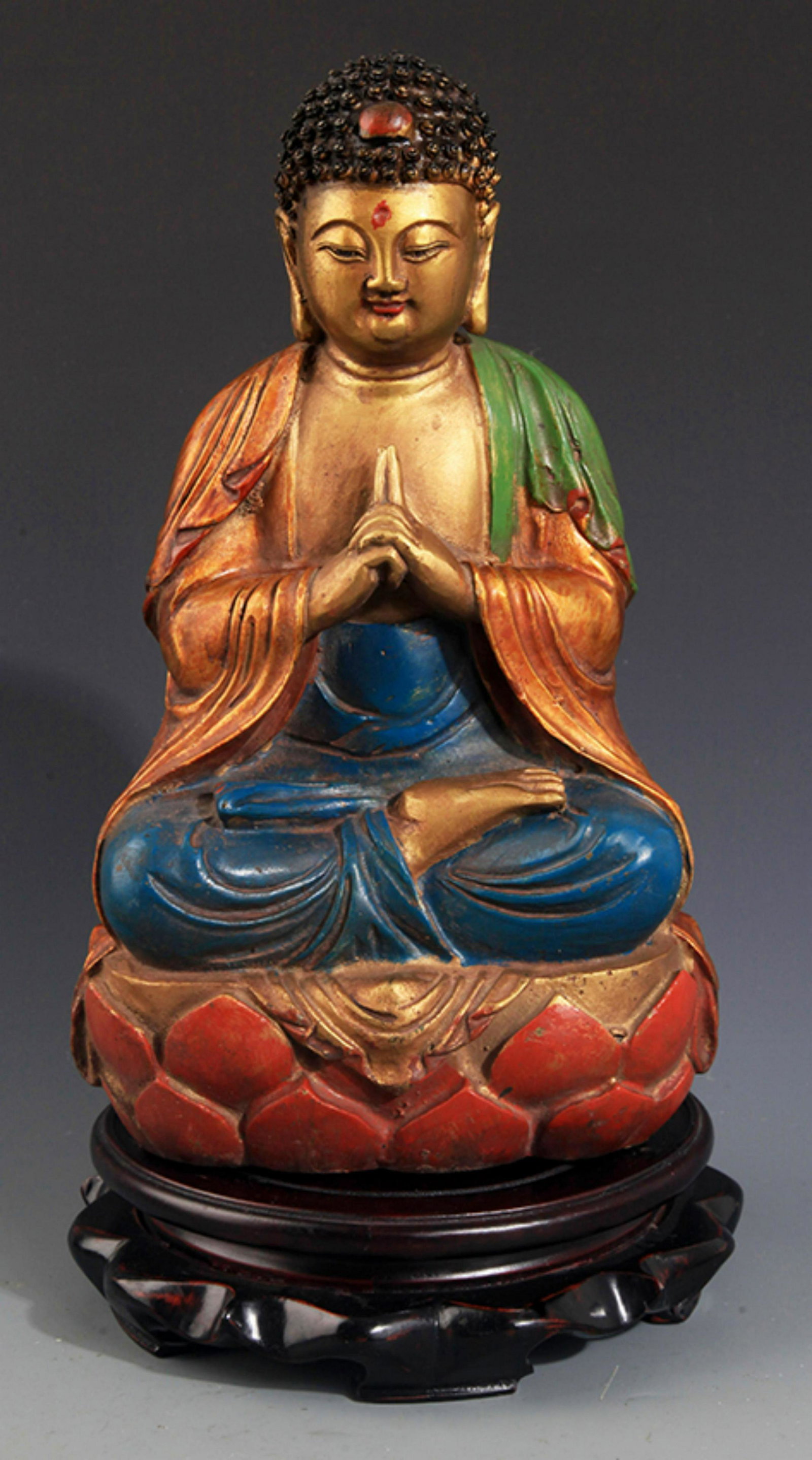 A COLORED AND FINELY CARVED BRONZE BUDDHA: 20th Century, High:11.00 inch; Width:6.0 inch