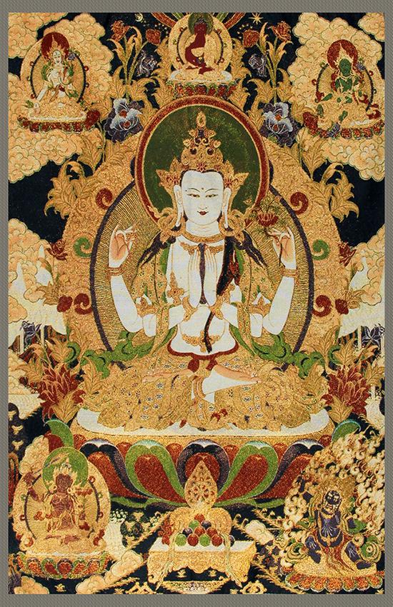 A FINE TIBETAN THANGKA FOUR ARM GUAN YIN ON FABRIC (1 of 4)