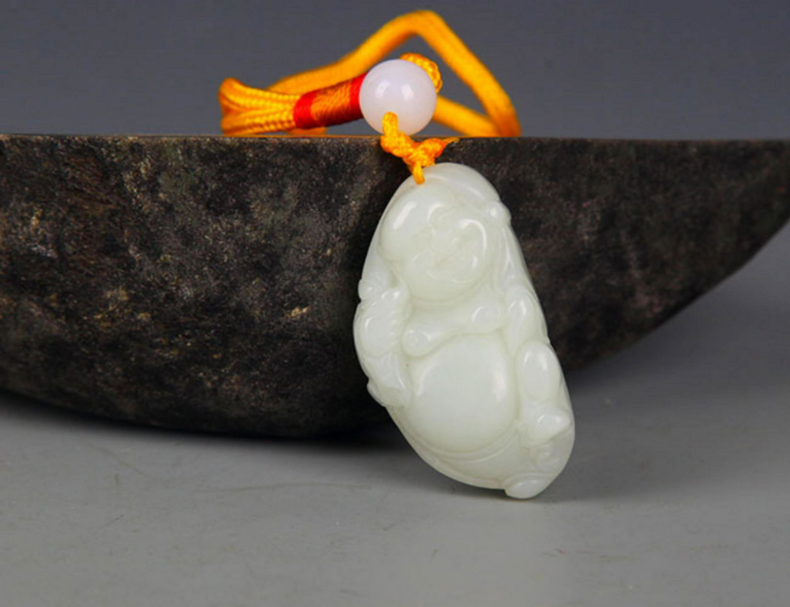 A HETIAN GREENISH WHITE JADE MAITREYA BUDDHA PENDANT (1 of 5)
