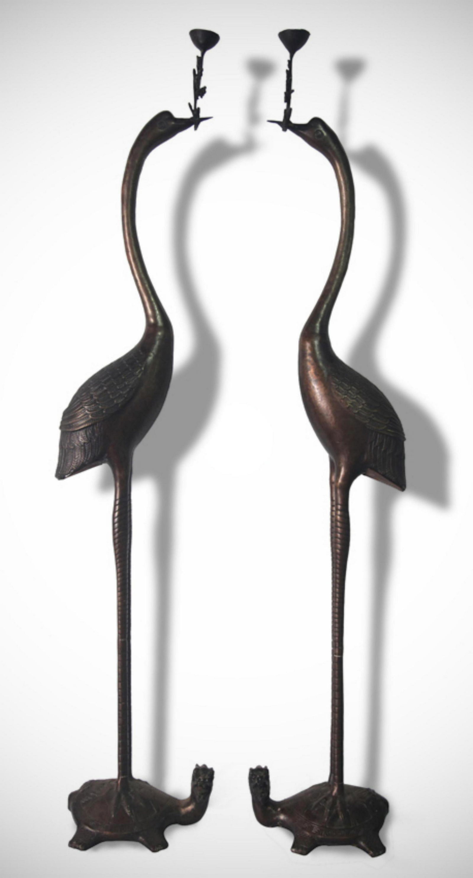 PAIR OF TALL BRONZE CRANE SHAPED CANDLE STAND (1 of 12)
