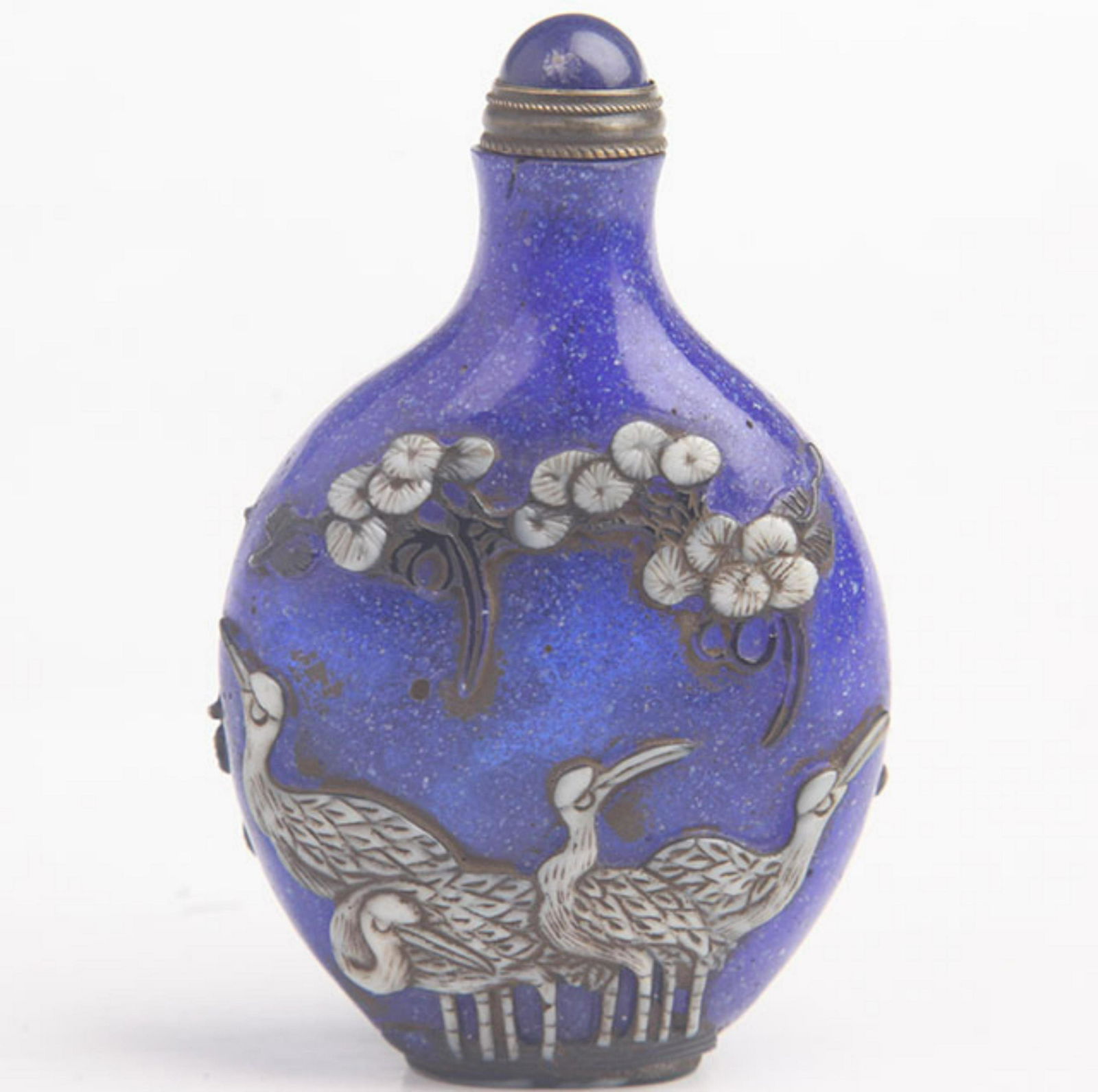 A BLUE COLOR CRANE CARVING GLASS SNUFF BOTTLE (1 of 4)
