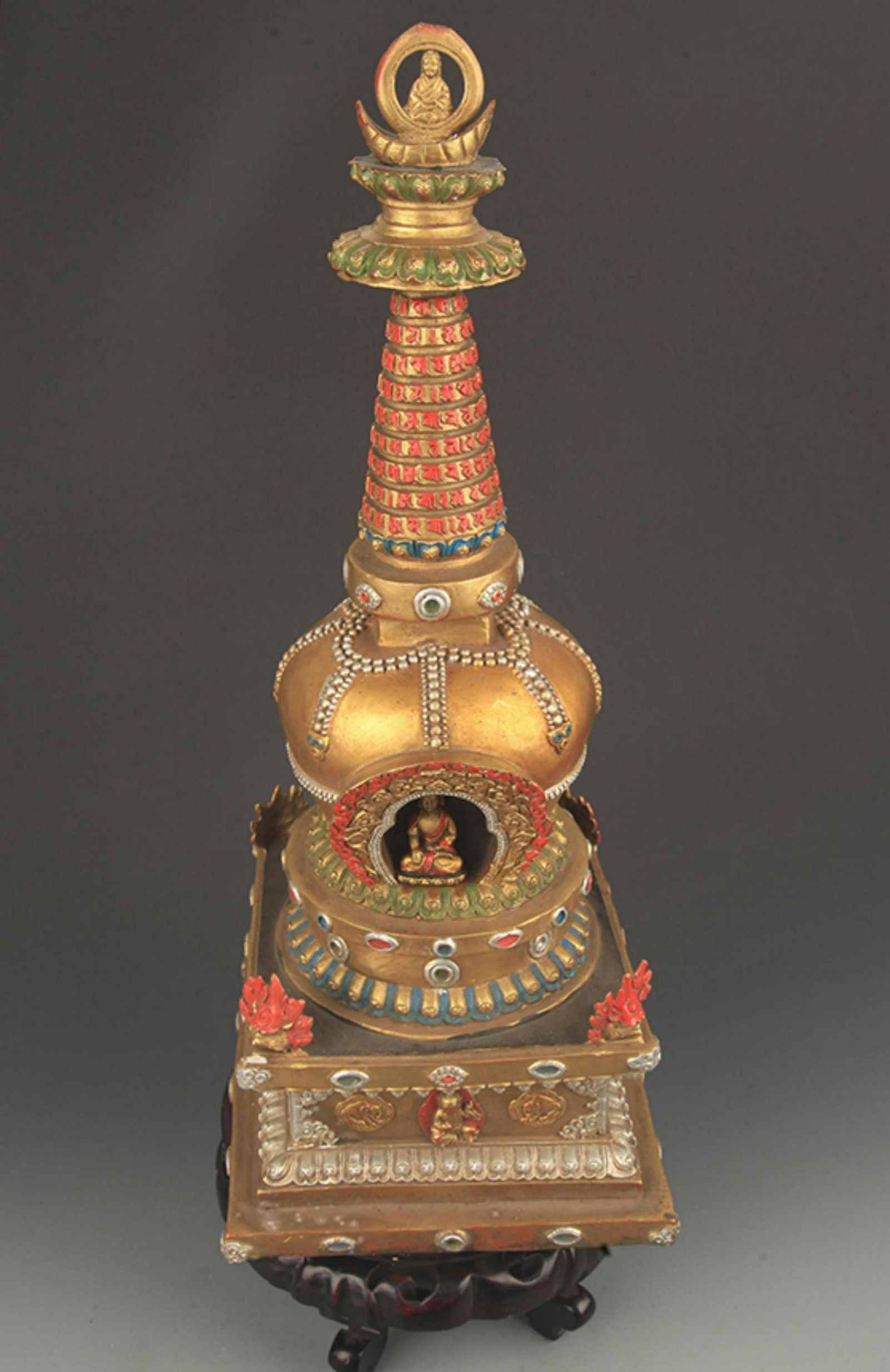 RARE COLORED TIBETAN BUDDHISM BRONZE BUDDHA TOWER (1 of 5)