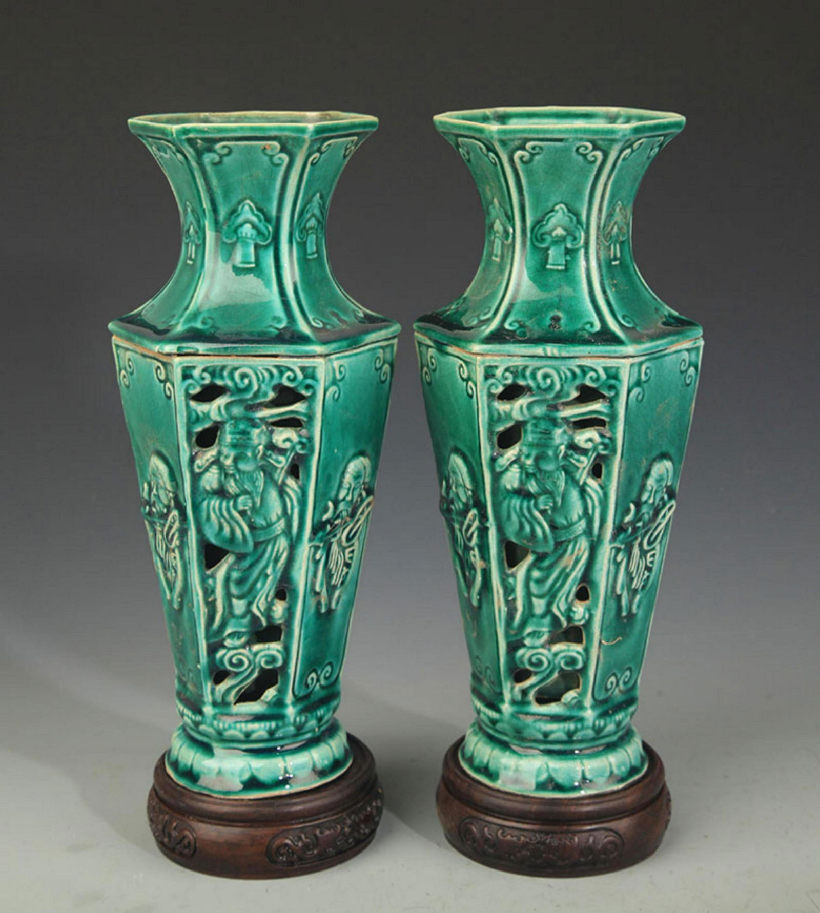 PAIR OF GREEN GLAZE DOUBLE LAYER GUAN YIN VASE (1 of 5)