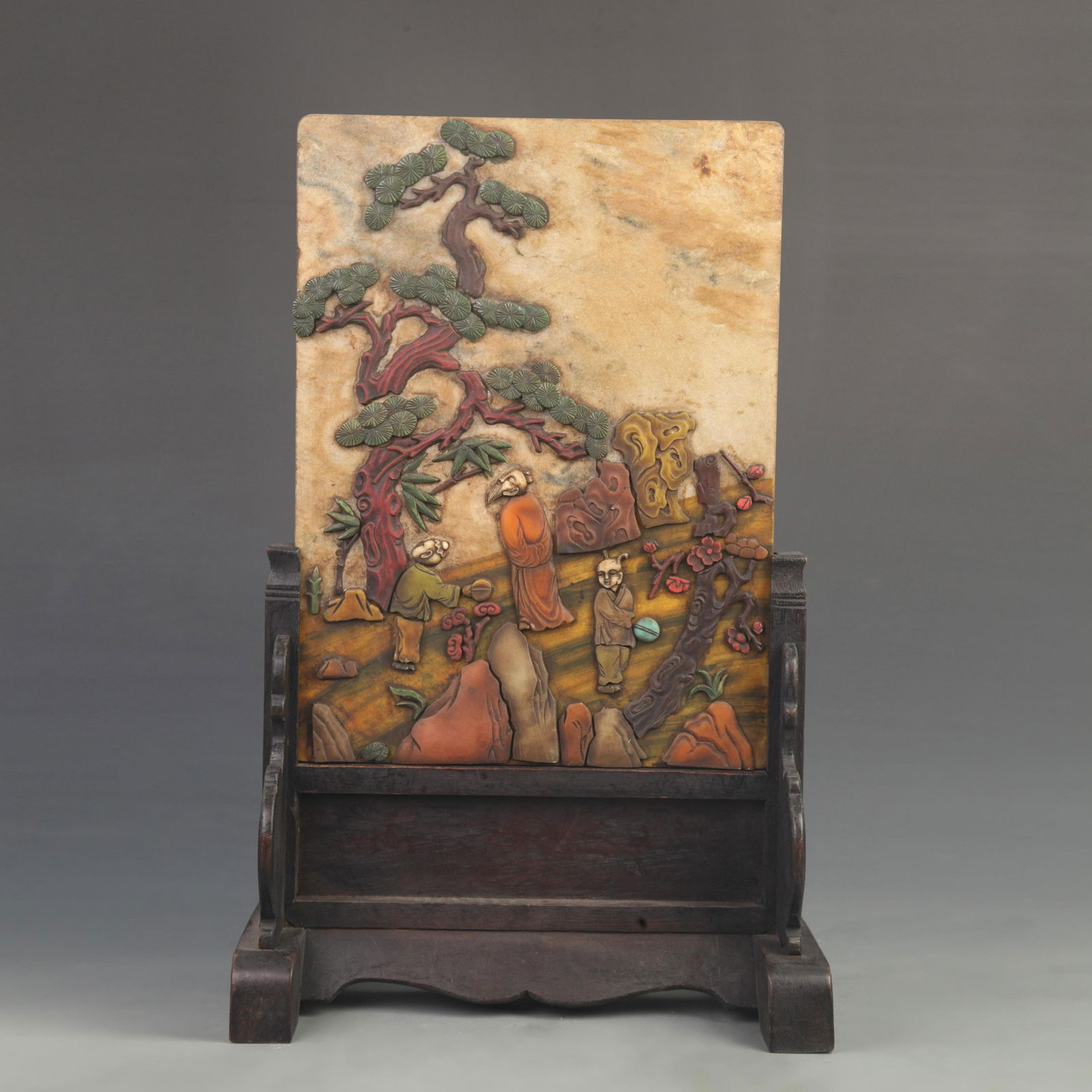 A LARGE STONE CARVING WITH WOODEN FRAME TABLE SCREEN (1 of 5)