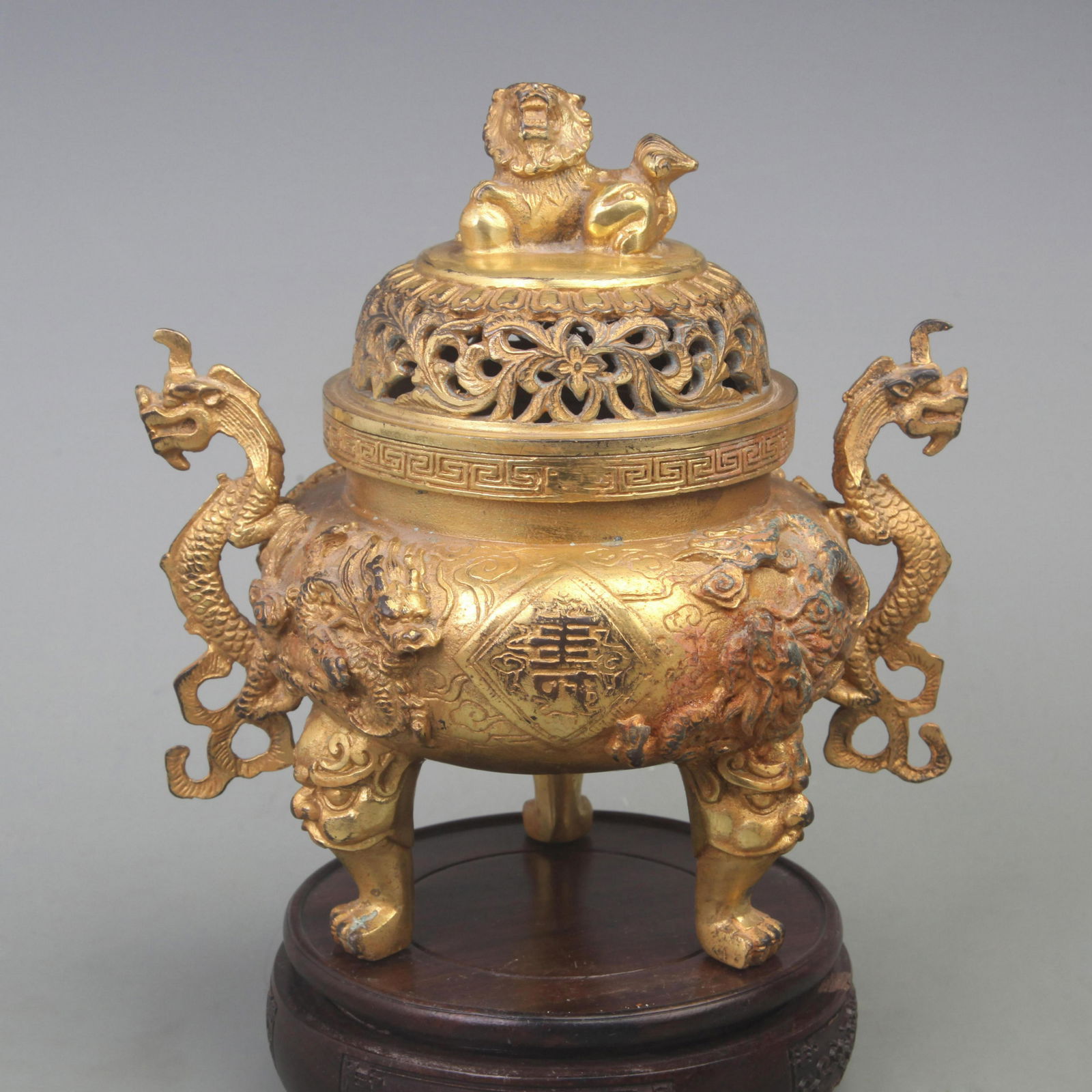 A FINE GILT DRAGON PATTERN BRONZE INCENSE BURNER (1 of 6)