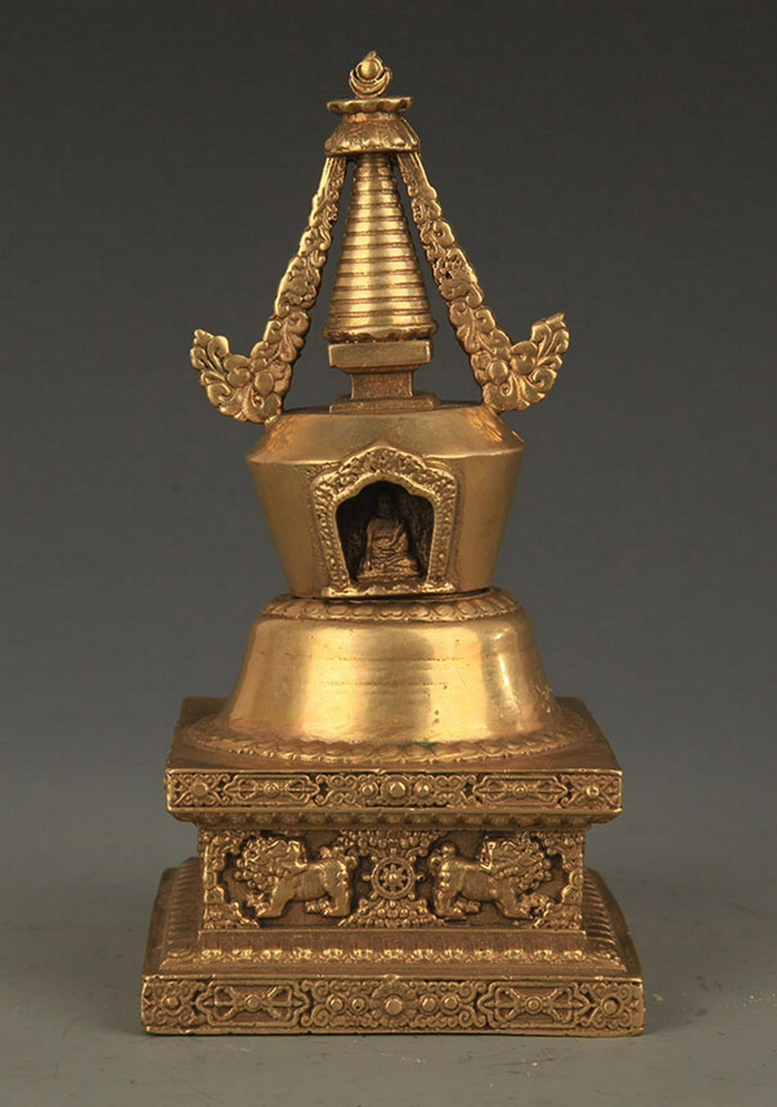 A FINELY MADE TIBETAN BRONZE PAGODA: 20th Century, High: 6.5 inch; Width: 3.0 inch