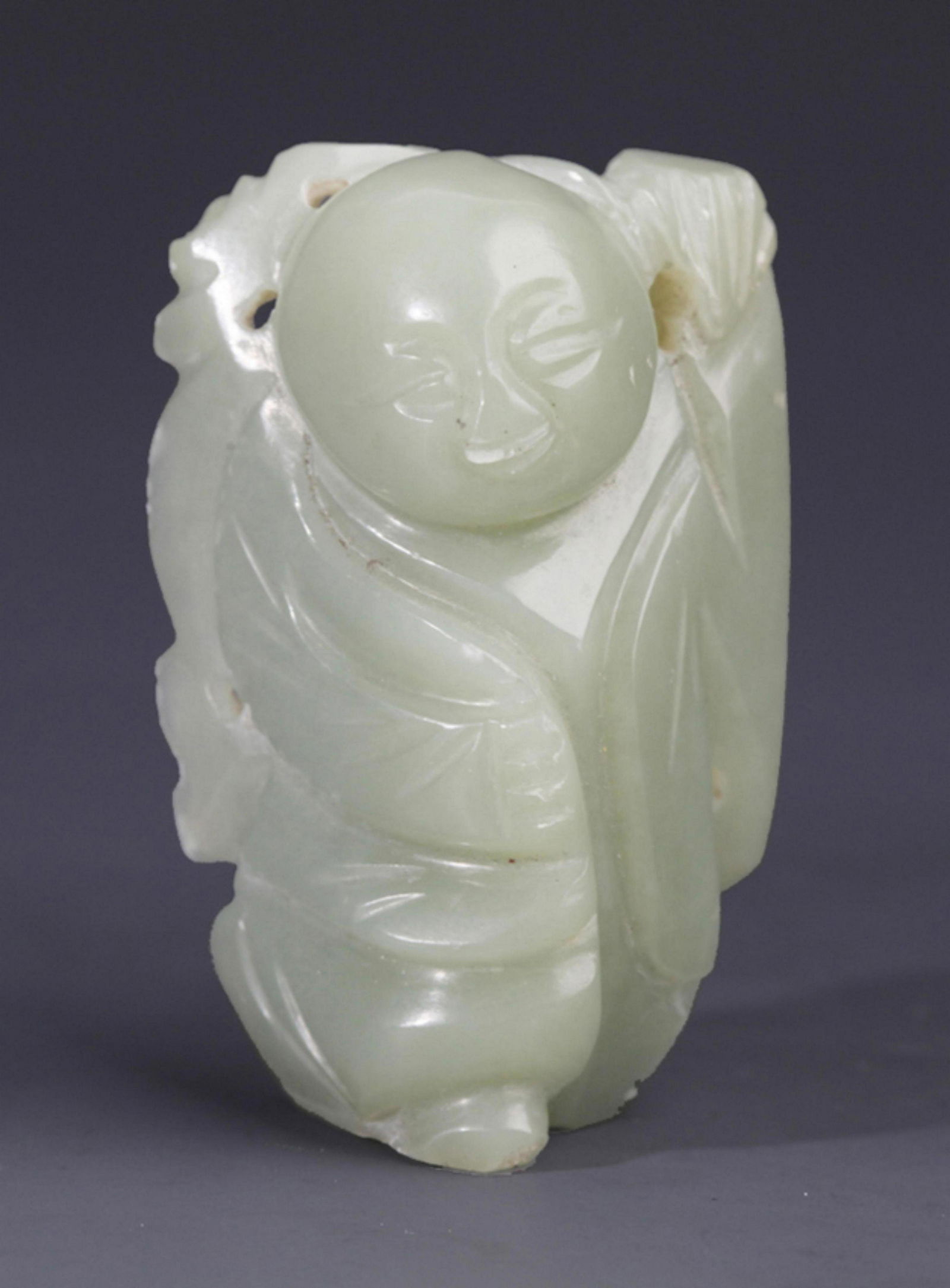 A FINE BOY WITH LOTUS FIGURE PALE CELADON JADE PENDANT (1 of 4)