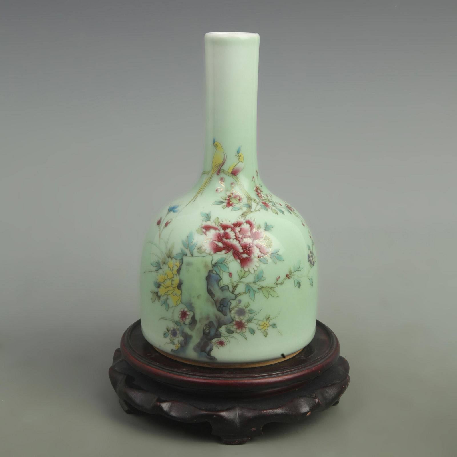 GREEN BEAN COLOR GLAZED FLOWER AND BIRD PATTERN PORCELAIN BELL SHAPE BOTTLE (1 of 5)