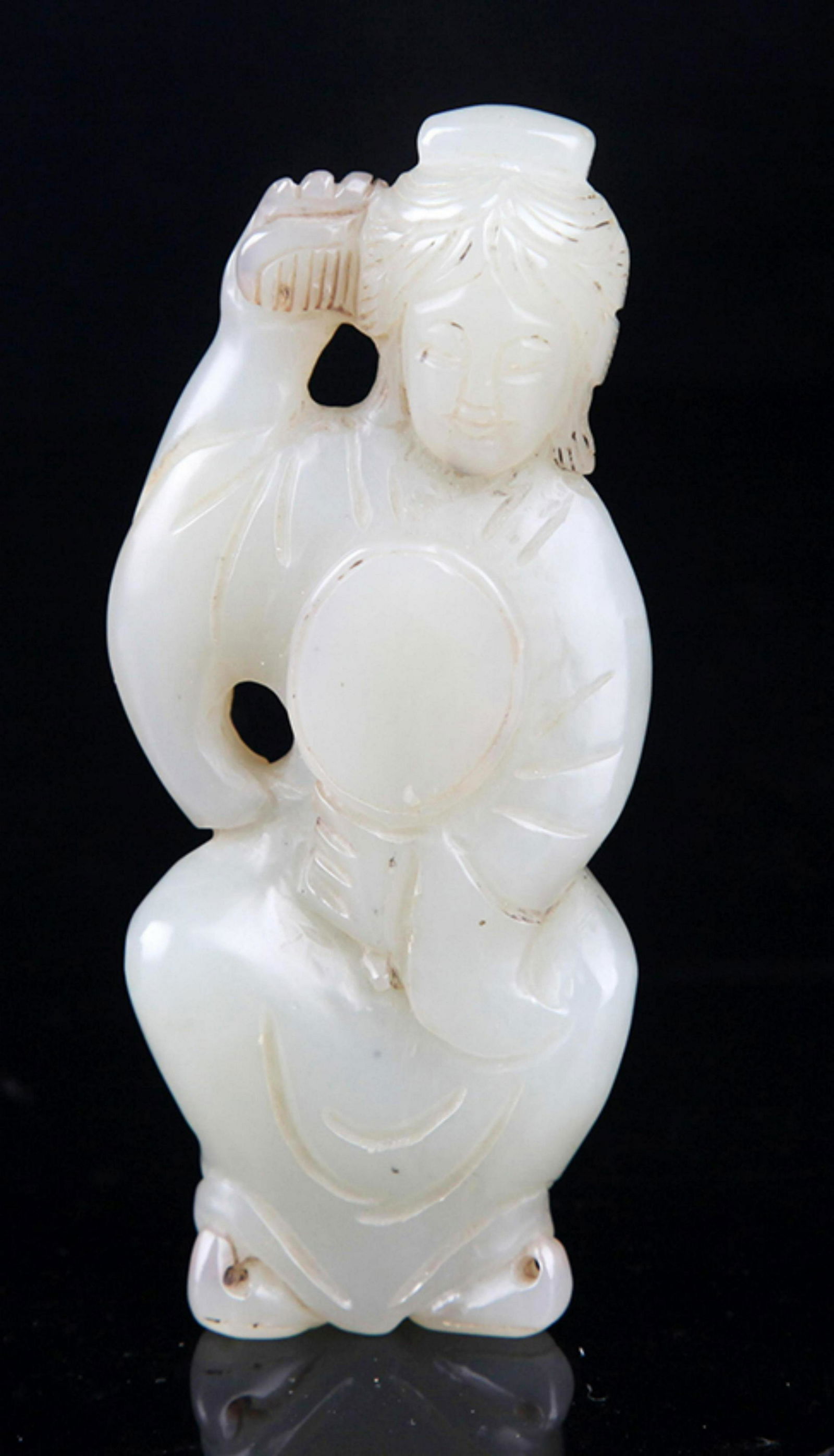 A FINE FEMALE ATTENDANCE PALE CELADON JADE: Qing Dynasty, High: 3.2 inch; Width: 1.3 inch