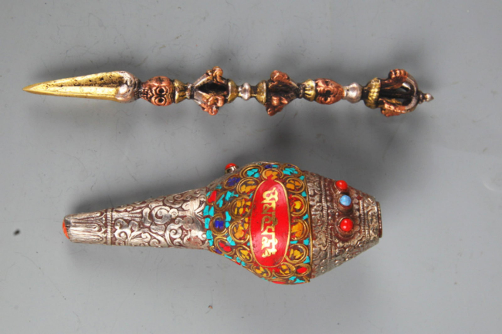 SET OF TIBETAN BUDDHISM VAJRA AND INSTRUMENTS: 20th Century, Long:7.0 inch; Long:5.0 inch; Width:2.0 inch
