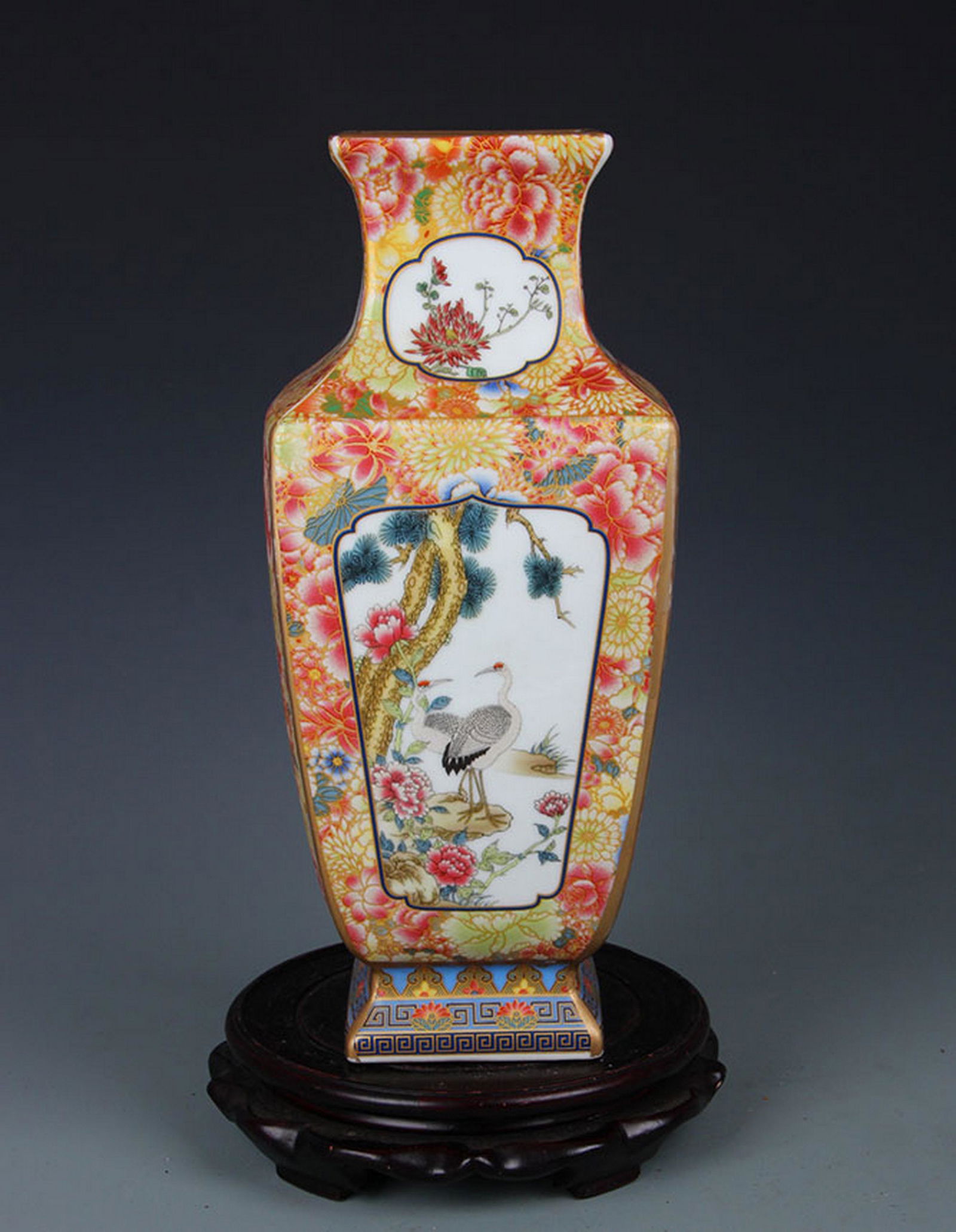 A CLOISONNE COLOR FLOWER AND BIRD PATTERN SQUARE VASE (1 of 5)