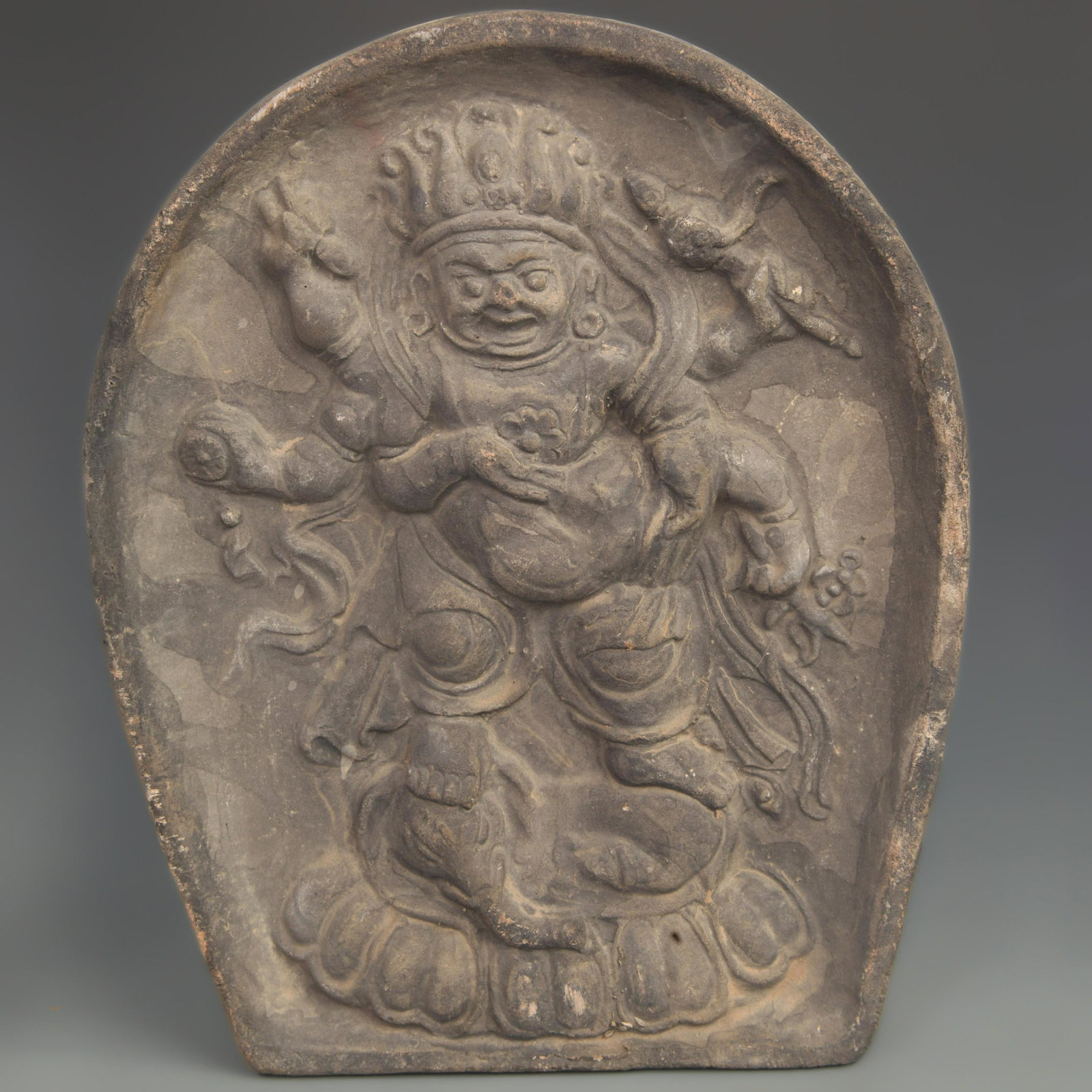 A FINE TERRACOTTA CARVED MAHAKALA STATUE: Han Dynasty Style; High: 9.00 inch; Width: 7.50 inch