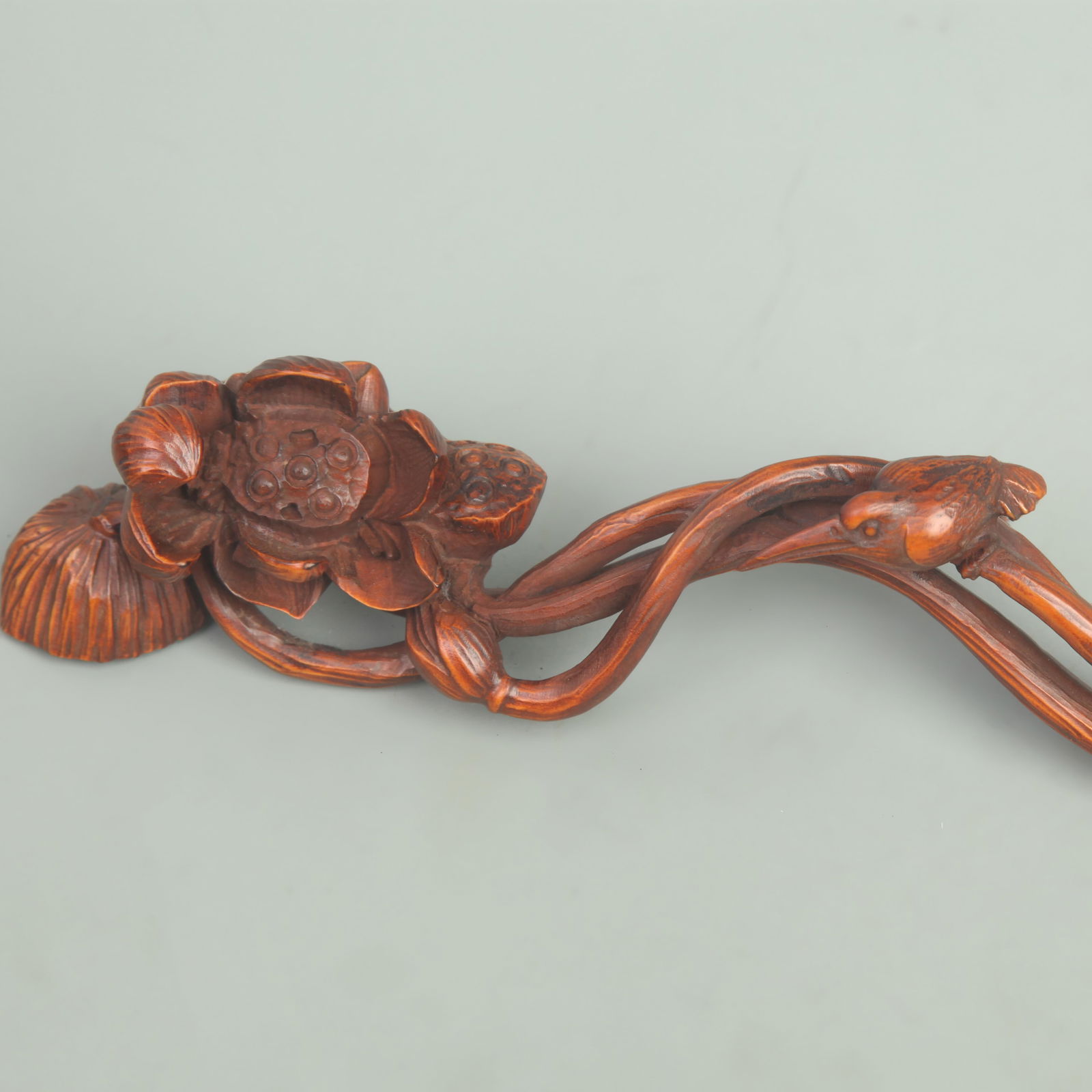 BOXWOOD CARVED RUYI ORNAMENT WITH LOTUS FLOWER AND BIRD DESGIN (1 of 4)
