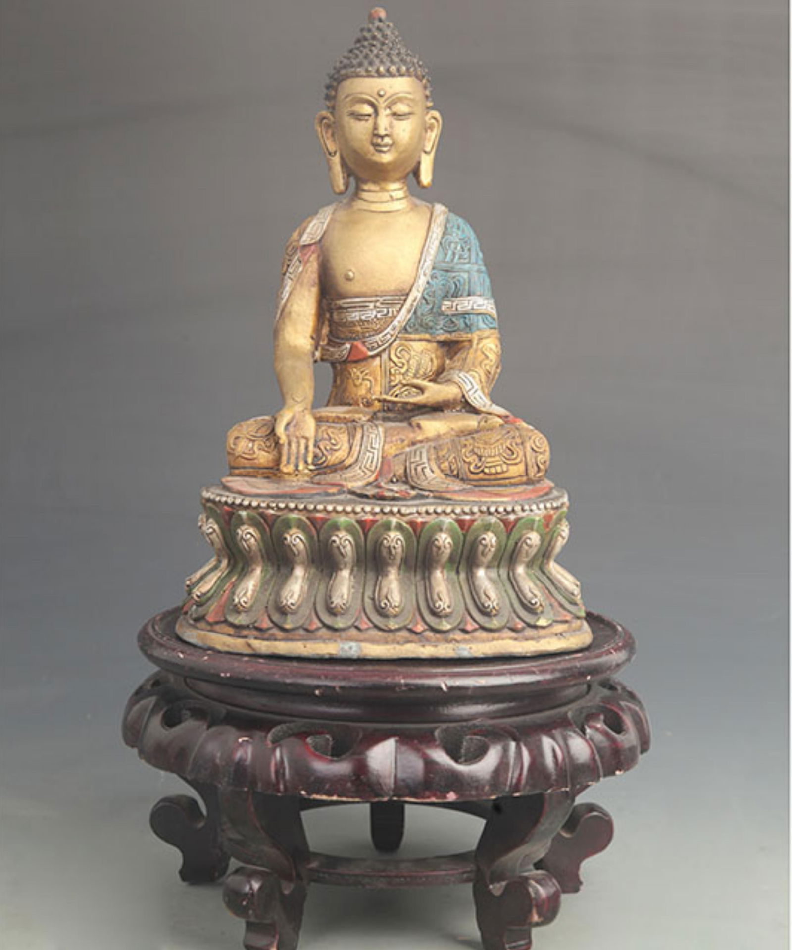 BRONZE PAINTED STATUE OF AUSPICIOUS EIGHT TREASURES SHAKYAMUNI BUDDHA (1 of 6)