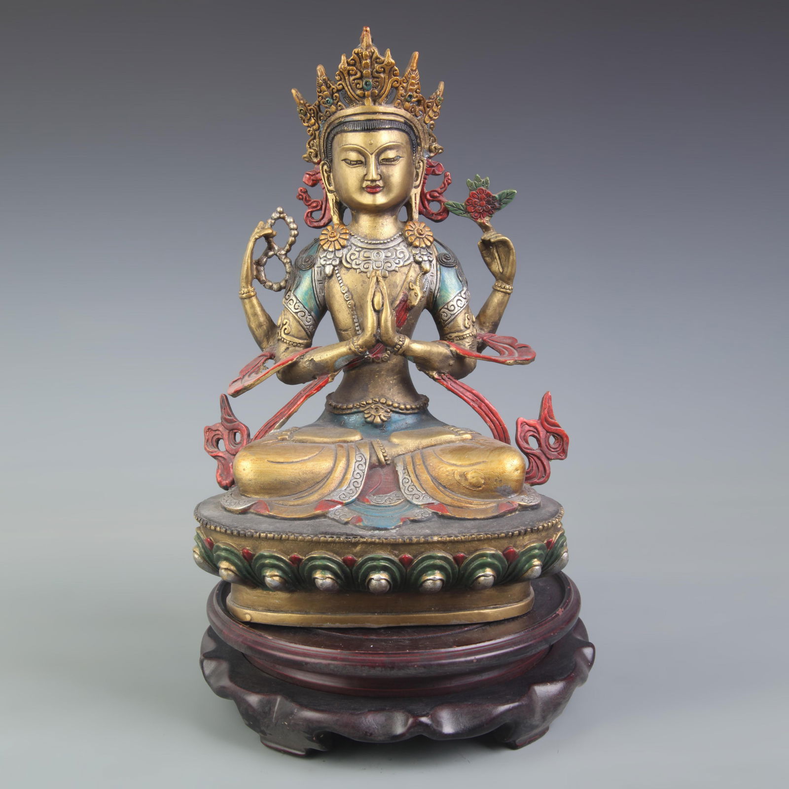 A FINE COLORED BRONZE TIBETAN BUDDHISM FOUR ARM GUAN YIN (1 of 5)