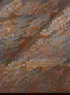 RARE HANDMADE TIBETAN THANGKA ON SILK: 19th Century; High: 27 inch; High: 19.8 inch